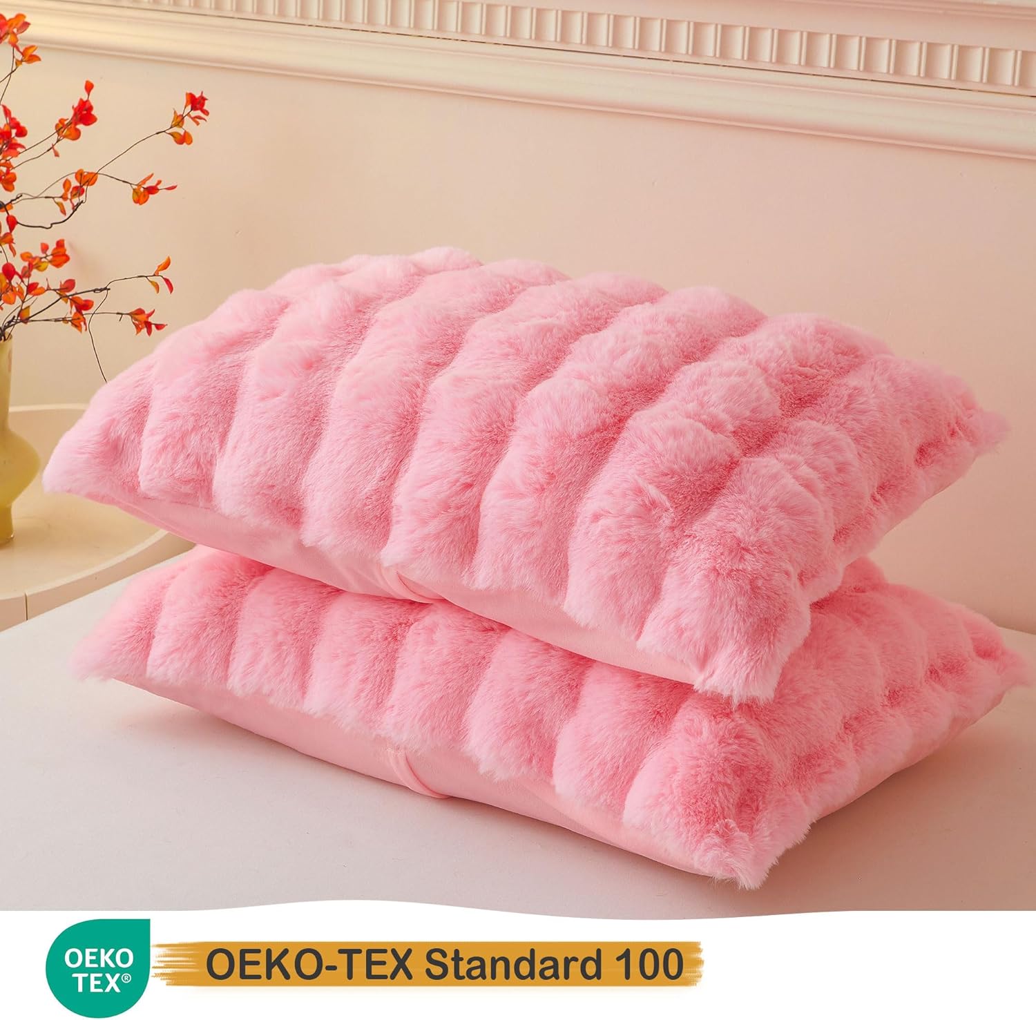 LIFEREVO Pack of 2 Fluffy Faux Rabbit Fur Pillowcases, Elegant Cute Plush Shaggy Bubble Bed Pillow Cases Standard Size with Zipper Closure, Home Decorative Furry Fuzzy Long Pillow Shams 20x26, Pink - Image 3