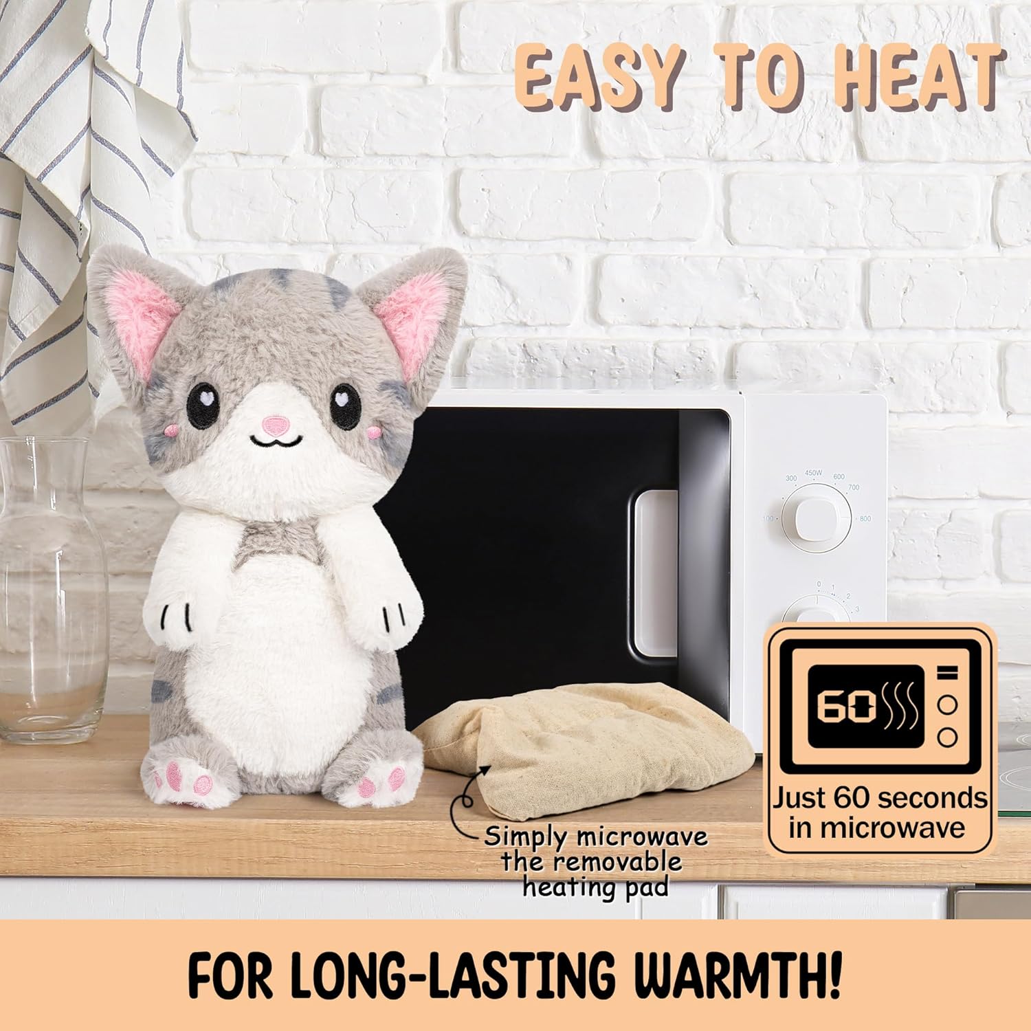 Happy Fuel Grey Cat Microwavable 1.5 lbs Unscented Heating Pad for Women & Kids- Cute Soft Cozy Pillow Plush Heatable Warm Stuffed Animals- Kawaii Hot & Cold Plushie - Gray Cat Gifts for Girls & Women - Image 5