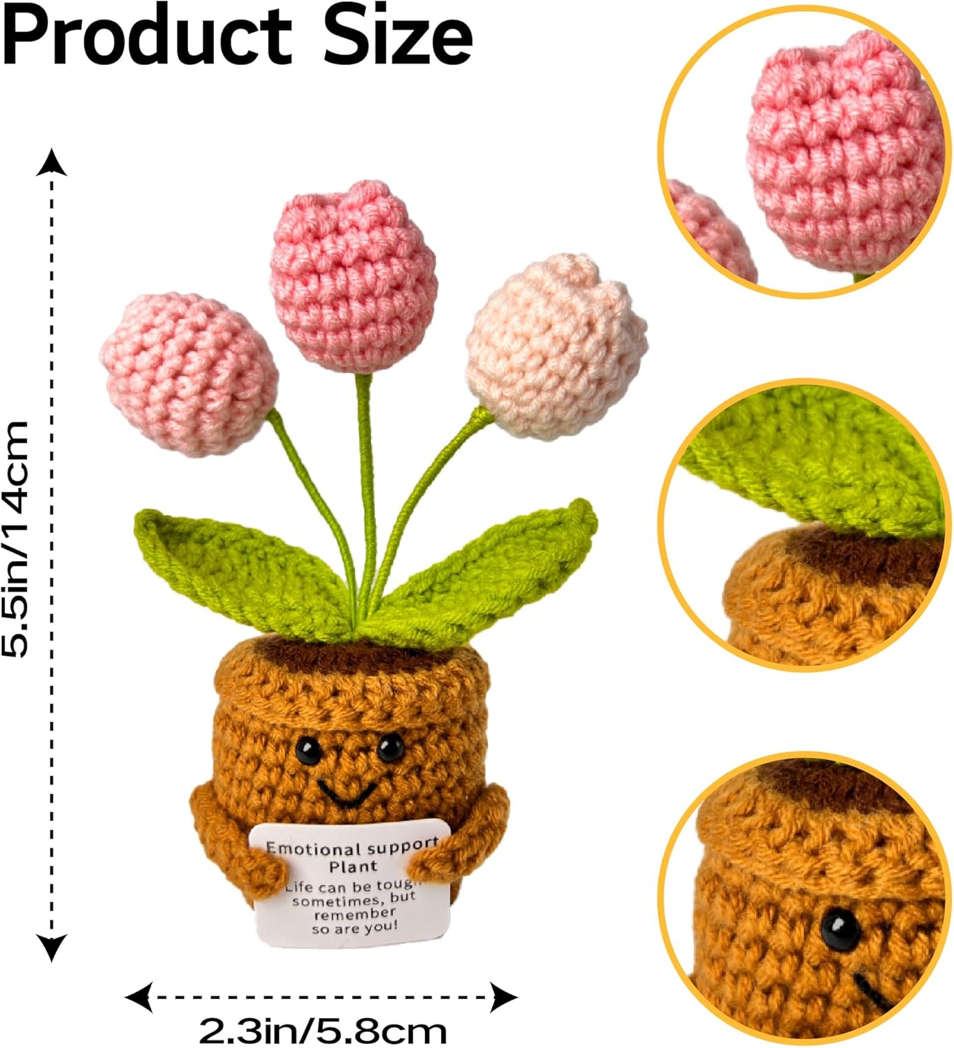 Emotional Support Crochet Flower in Pot,Uplifting Handmade Knitted Plush Plant with Positive Affirmation Card,Cheerful Gift for Office Desk Decor,Home,Car(Pink Tulip) - Image 2