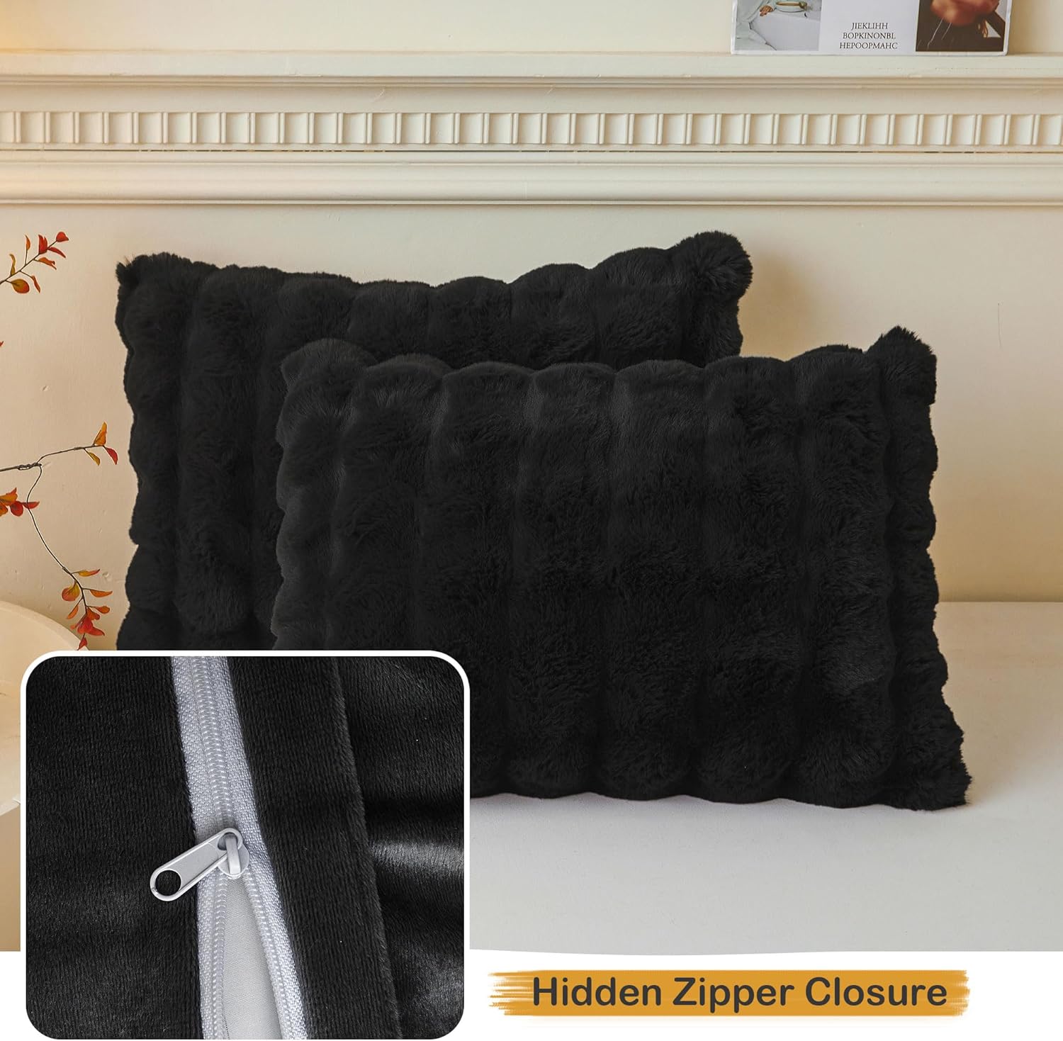 LIFEREVO 2 Pack Fluffy Faux Rabbit Fur Pillow Cases, Luxury Soft Plush Shaggy Bubble Pillowcases Standard Size with Zipper Closure, Furry Fuzzy Long Pillow Shams for Bedroom Living Room 20x26, Black - Image 6