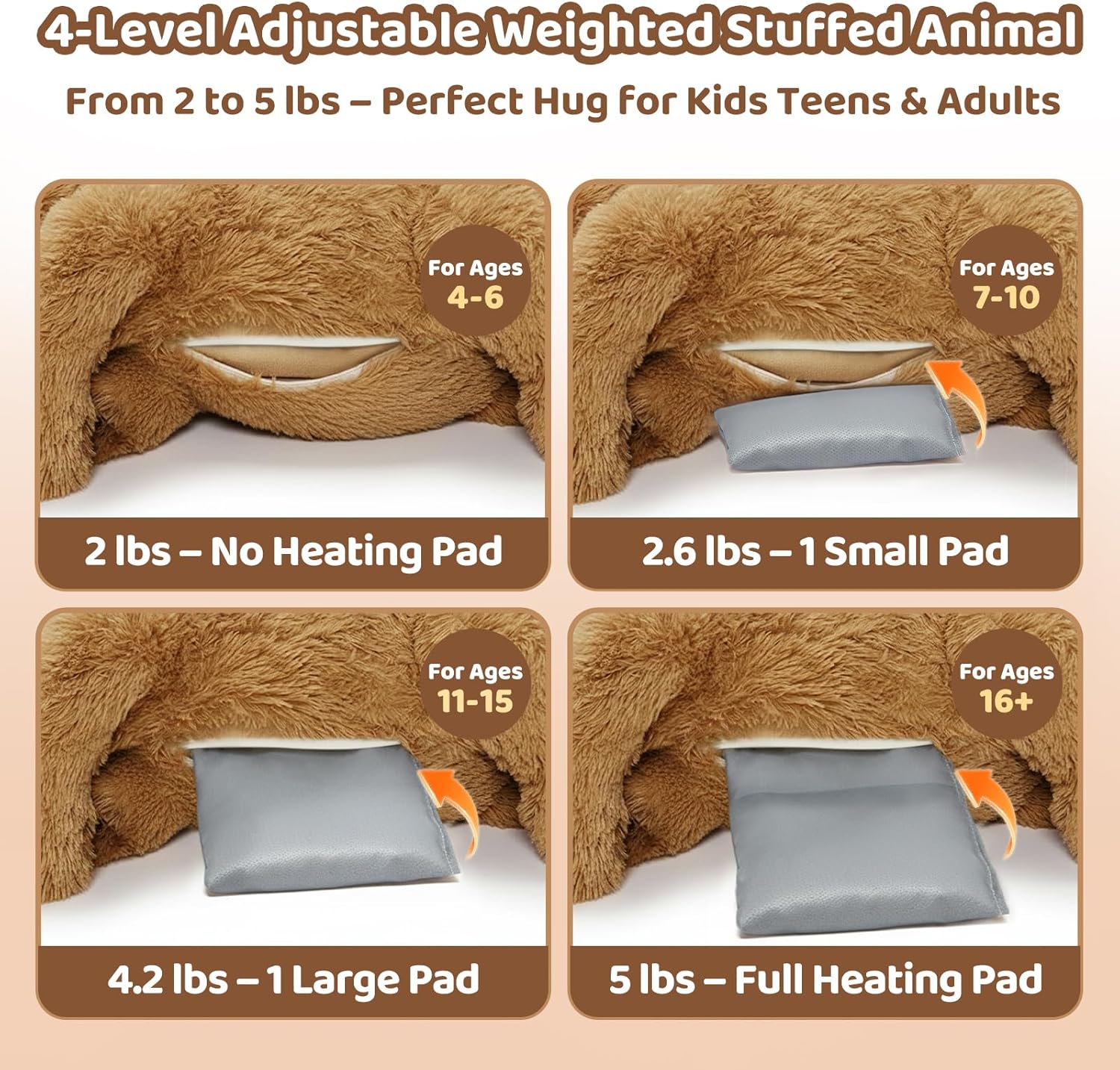 Mewaii Weighted Stuffed Animals for Adults & Kids, 2-5 lbs - 23" Heatable Coolable Bear Plush, Microwavable Adjustable Removable Inner Pad, Realistic Hug Comfort Gift (Brown) - Image 7