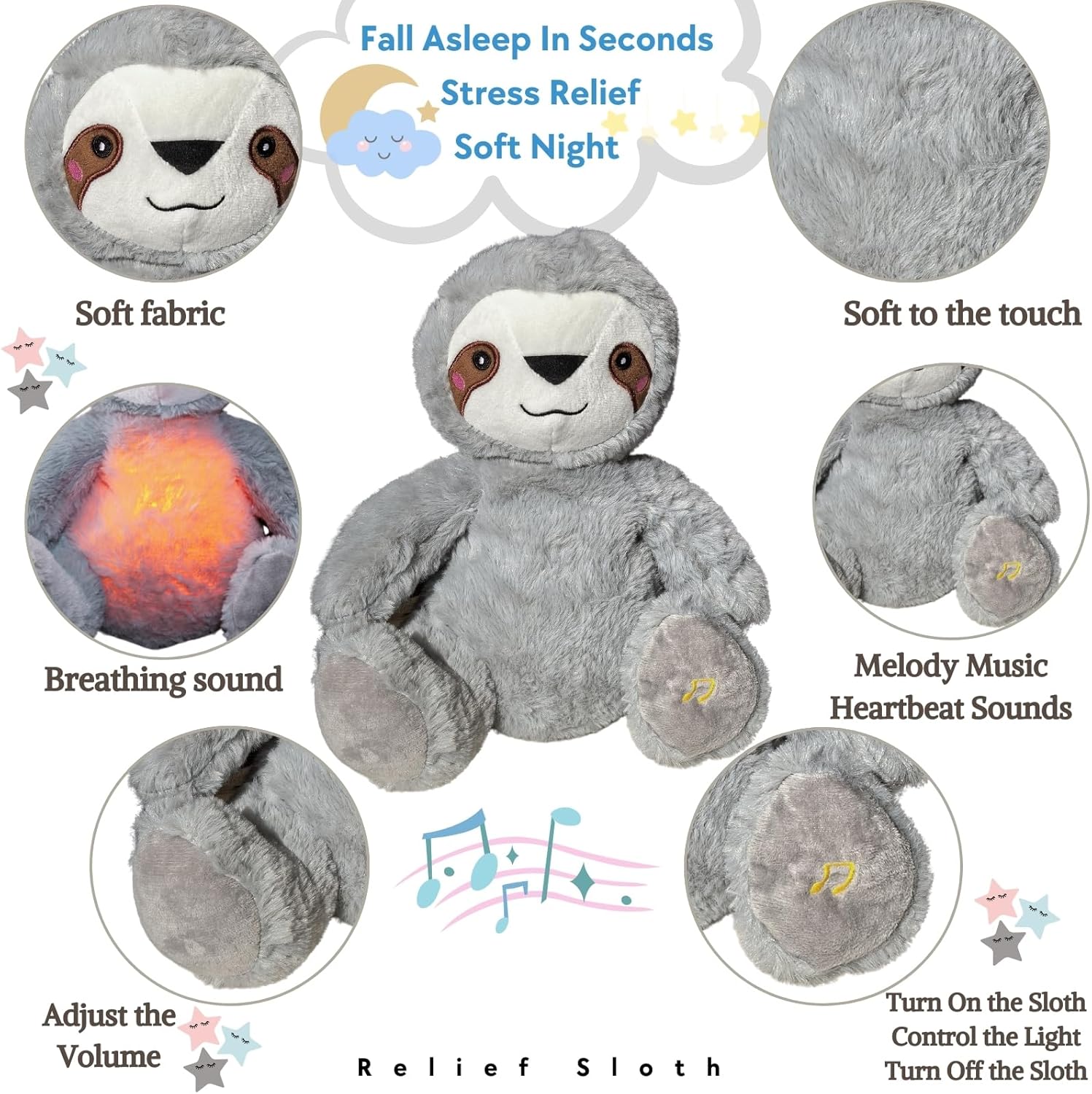 Anxiety Relief Koala, Breathing Teddy Anxiety Bear with Calming Music, Lights, Sleeping Otter Plush, Soothing Sloth for Adults & Kids, Stress Relief Stuffed Animal (3-Level Adjustable Volume) - Image 6