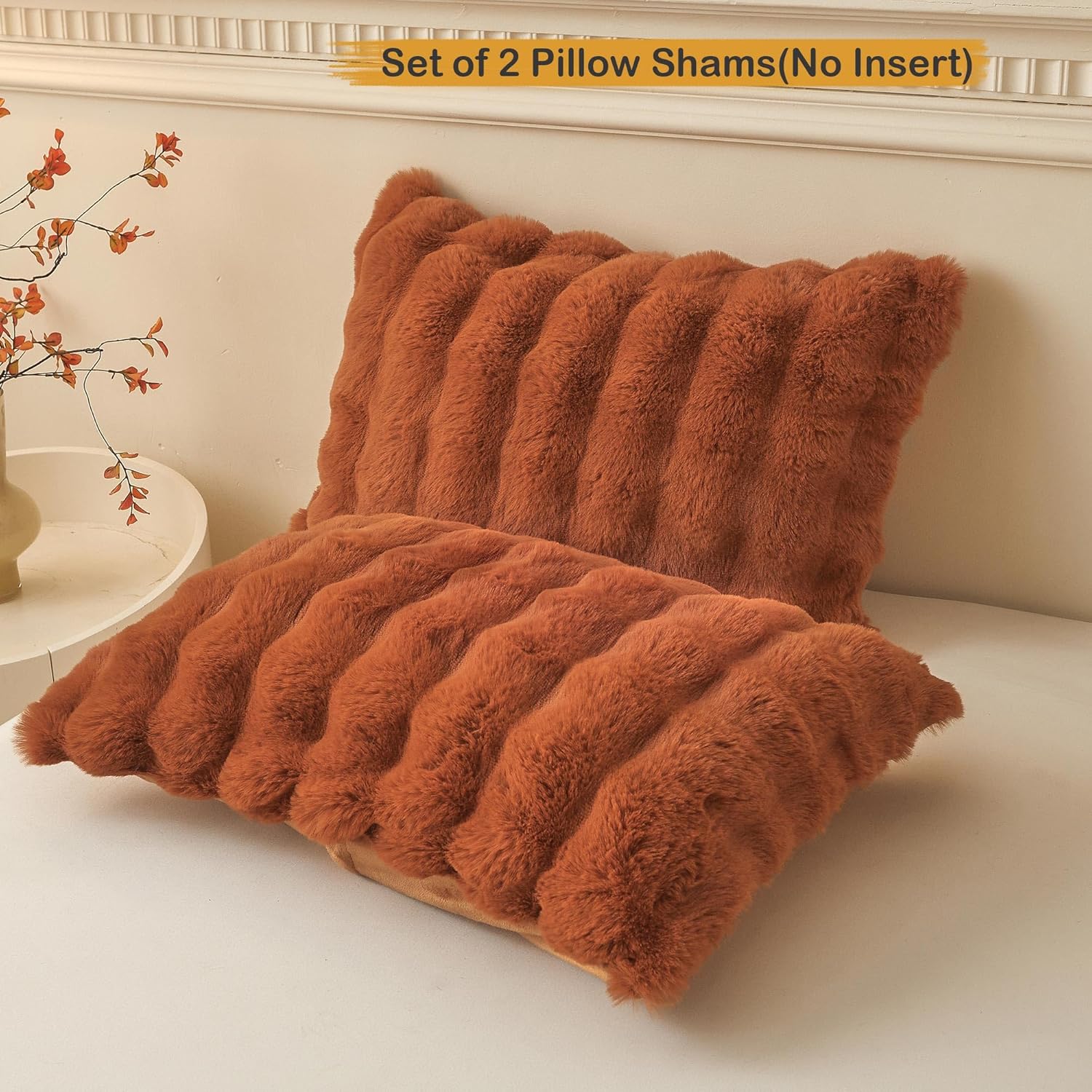 LIFEREVO 2 Pieces Fluffy Faux Rabbit Fur Pillow Cases, Luxury Soft Plush Shaggy Bubble Pillowcases Standard Size with Zipper, Furry Fuzzy Long Pillow Shams Adult Girls Kids Teens 20x26, Burnt Orange - Image 2