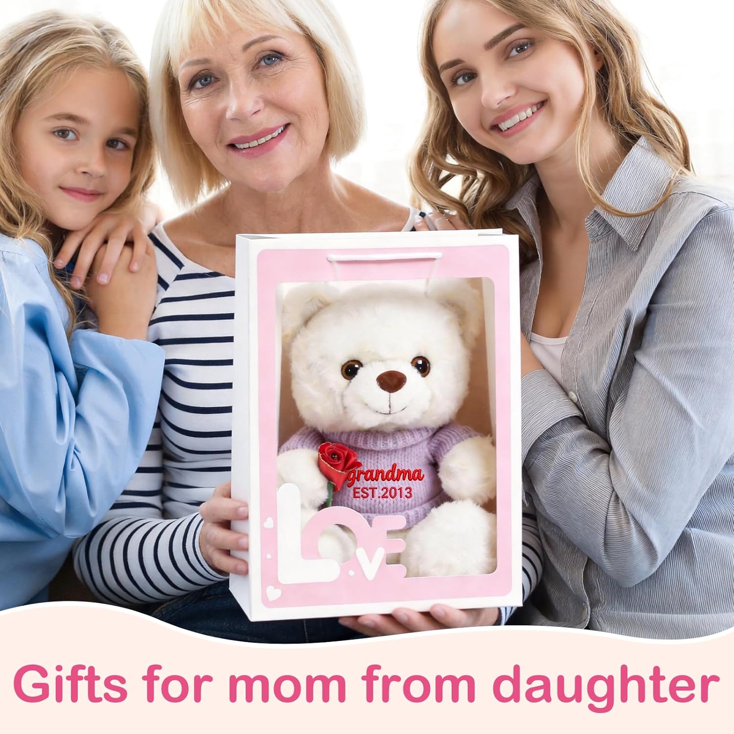 12'' Personalized Mother's Day Embroidered Teddy Bear with Rose, Custom Name Stuffed Plush Teddy, Soft Mom Bear Gift for Mother's Day, Birthday, Customized Gift for Mom Grandma from Daughter Son - Image 5
