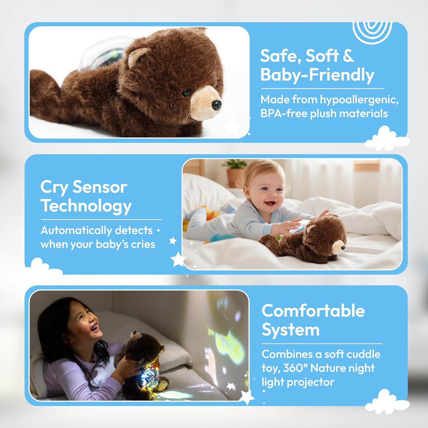 Sound Sleepers Bear – Stuffed Animal Night Light & Baby Night Light Projector with Soothing Music | Plush Toddler Night Light Projector, Sound Machine & Nursery Star Projector - Image 5