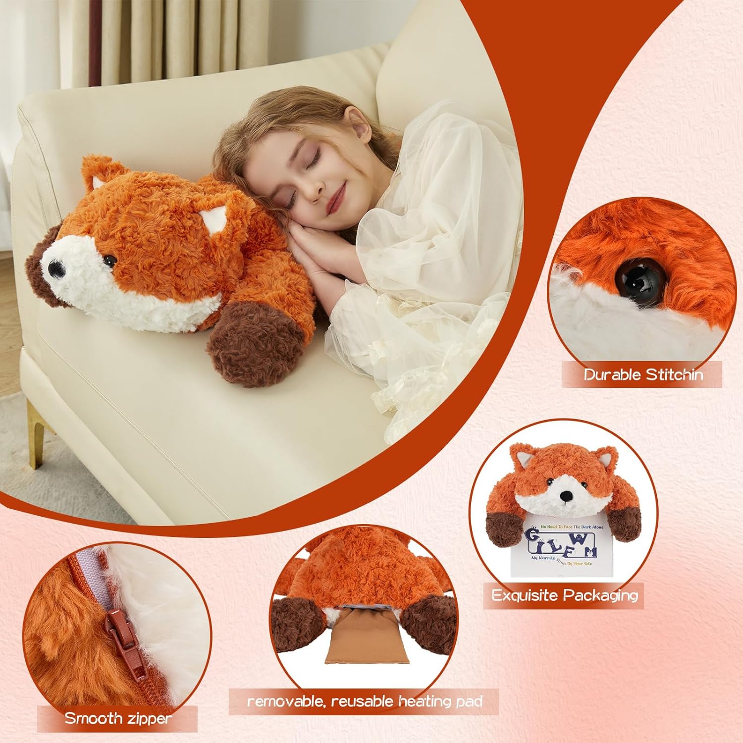 GILFWM 25" 5 Lbs Weighted Stuffed Animals Fox, Heatable and Coolable Weighted Plush with Microwavable Heating Pad,Removable Soft Washable Cute Plushie Pillow Toy Gifts for Adults and Kids - Image 3