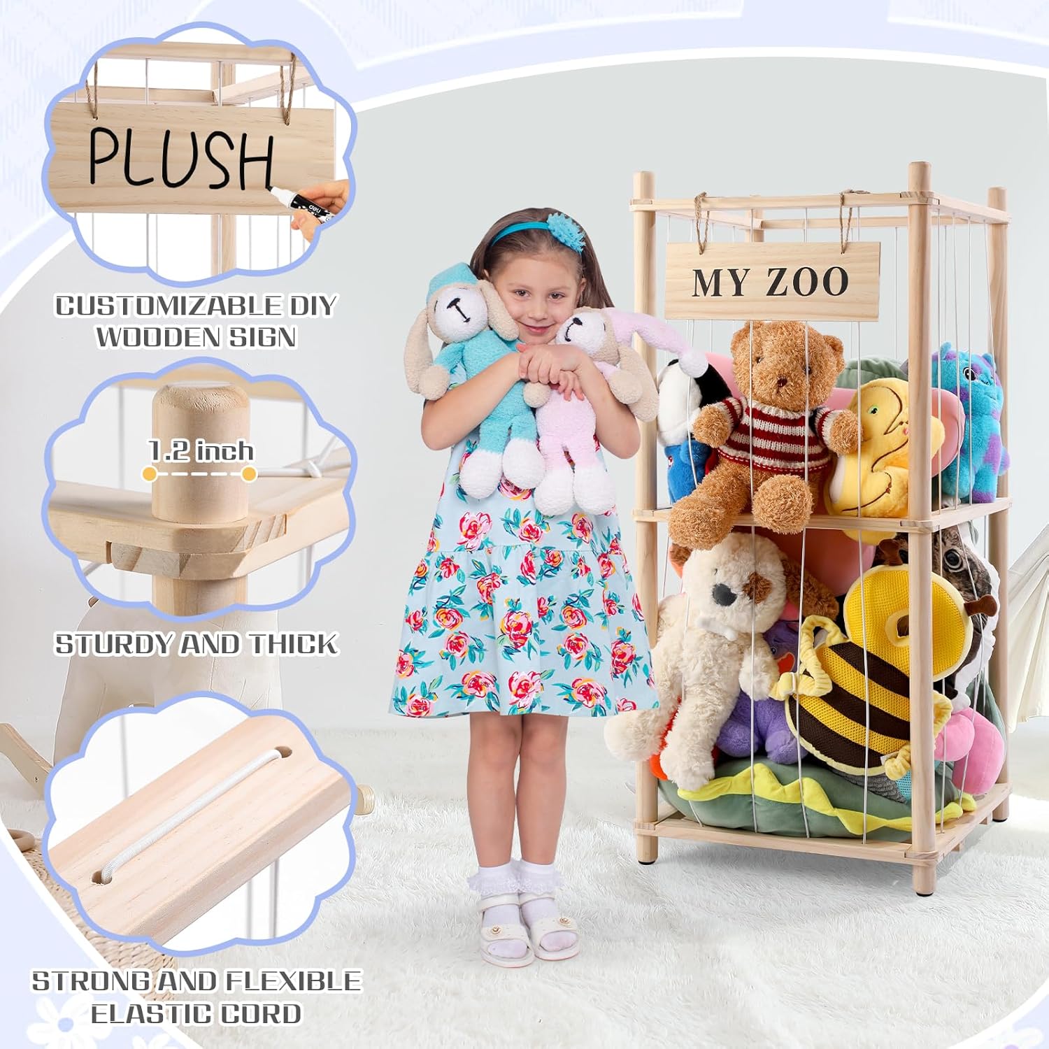 GLDZI Stuffed Animal Storage Zoo, Wooden Stuffed Animal Organizer with Elastic Cords for Boys Girls, Space Saving Toy Plushies Storage Holder for Playroom, Bedroom, Living Room (Burlywood, Small) - Image 5