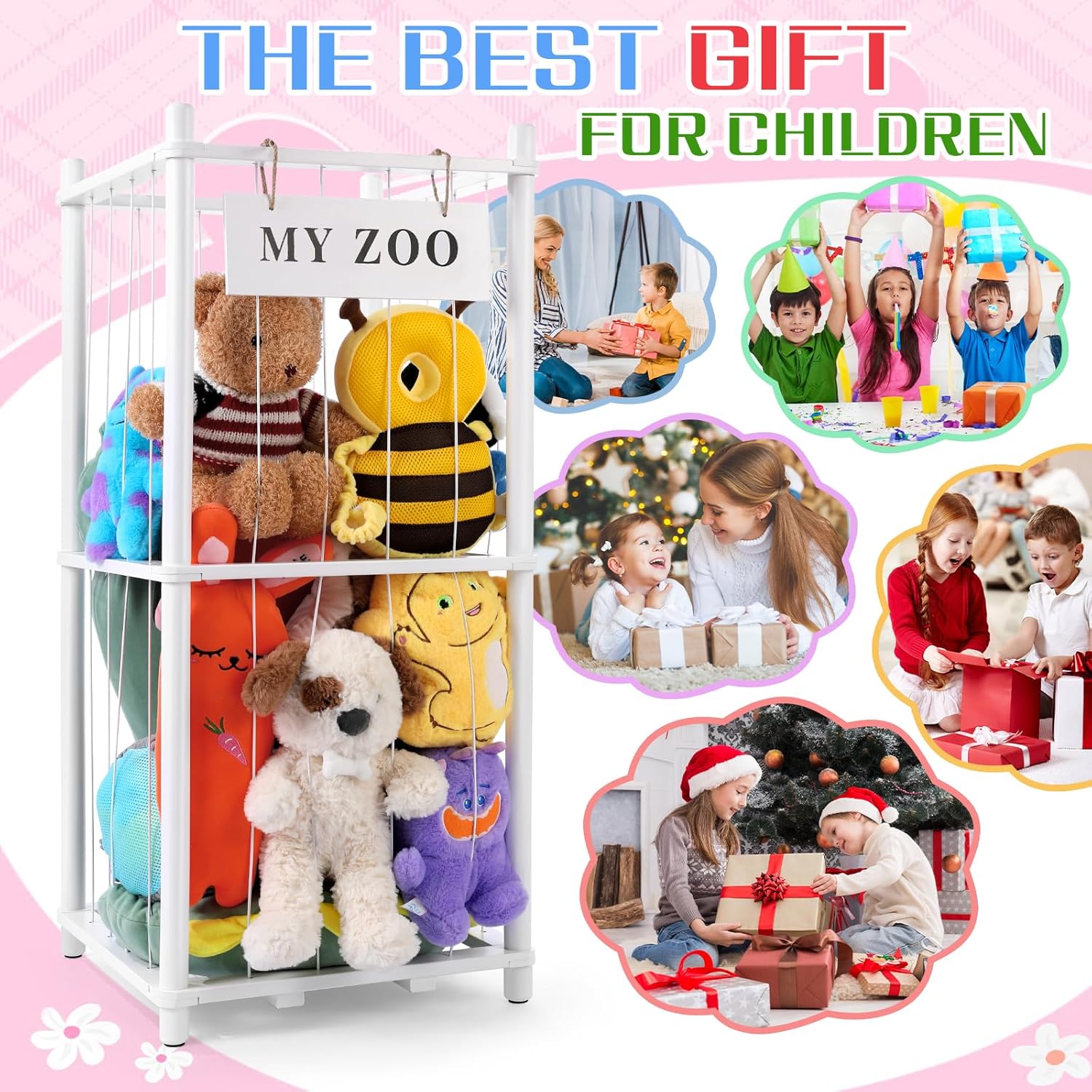 GLDZI Stuffed Animal Storage Zoo, Wooden Stuffed Animal Organizer with Elastic Cords for Boys Girls, Space Saving Toy Plushies Storage Holder for Playroom, Bedroom, Living Room (White, Small) - Image 6