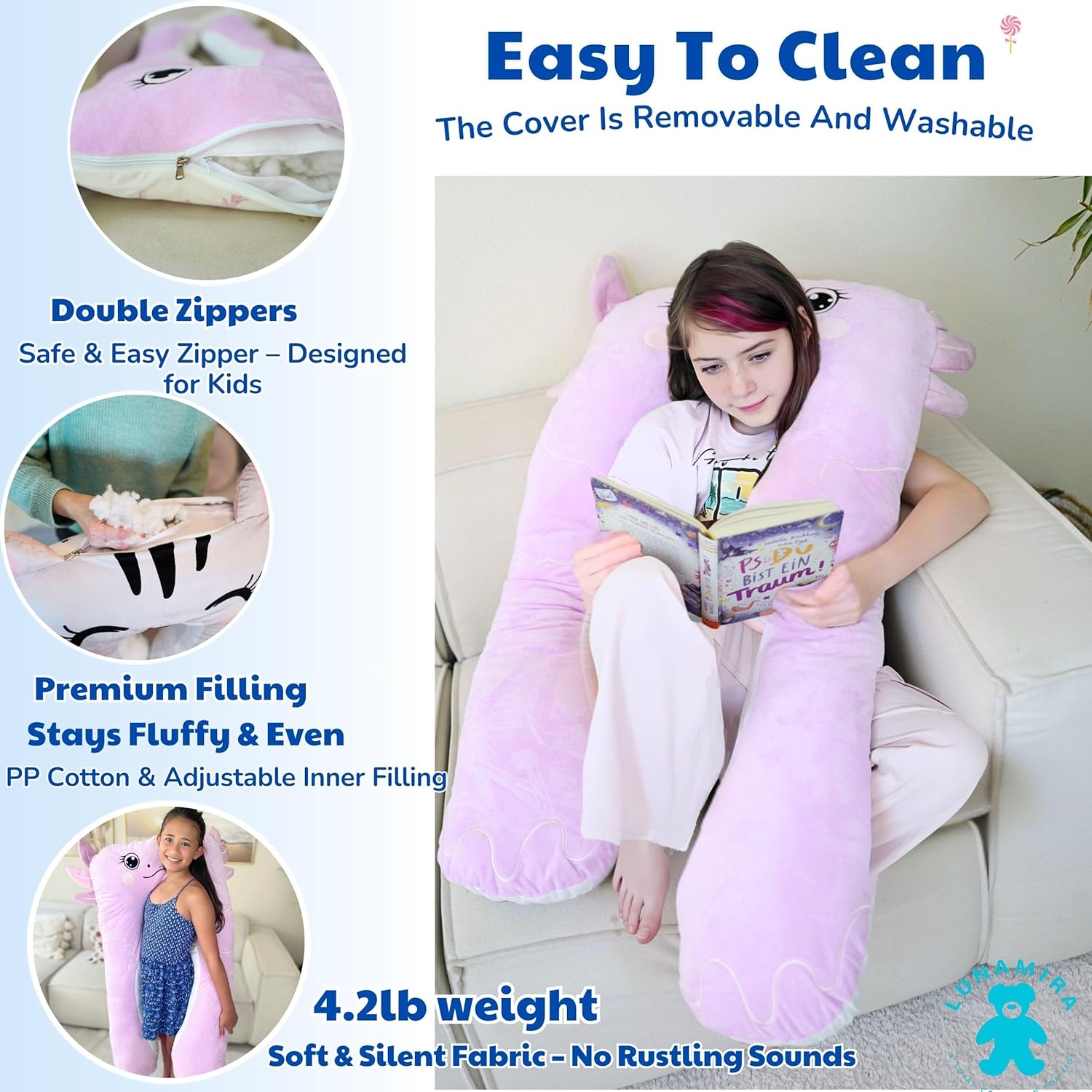 LUNAMIRA Axolotl Kids Body Pillow - 47" U-Shape Long Plush Soft Animal Pillow for Kids, Sleeping, Reading, ADHD & Special Needs Comfort, Anxiety, Washable Cover, Snuggle Fun Cuddle for Boys & Girls - Image 8