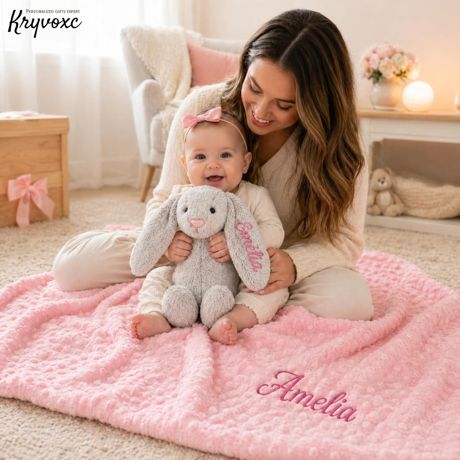 Personalized Baby Blanket and Plush Bunny Set, Custom Baby Blankets and Rabbit with Name, Personalized 2 in 1 Gift Set for Boy Girl Toddlers, Minky Dot Swaddle, Gift Set for Showering, Birthday - Image 8