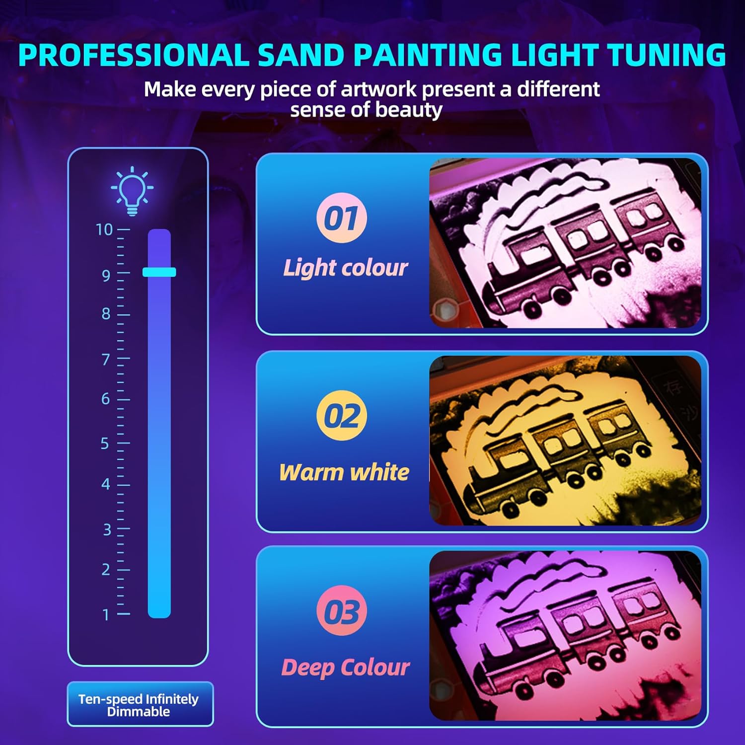 16" Sand Painting Light Box, Portable Light Up Sensory Table for Kids & Adults, 3 Color Modes & 10 Levels, Durable Sand Drawing Table for Autism Therapy, Tracing, Meditation & Classroom (Blue) - Image 6
