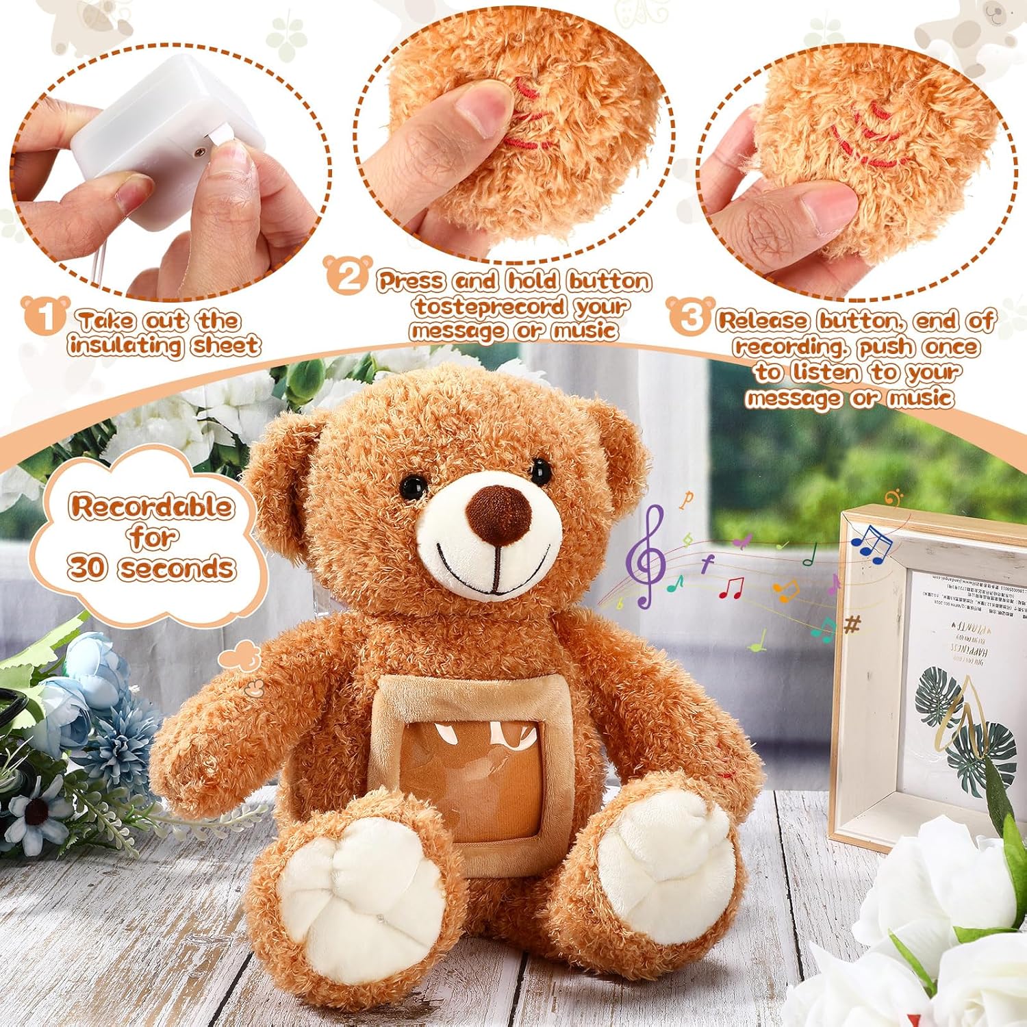 Liliful Bear Stuffed Animal Custom Operation Recorder Bear with Voice Recorder 12 Inch Remembrance Animal Personalized Plush Toy with Photo Frame for Baby Shower Wedding Birthday Gifts(Light Brown) - Image 3