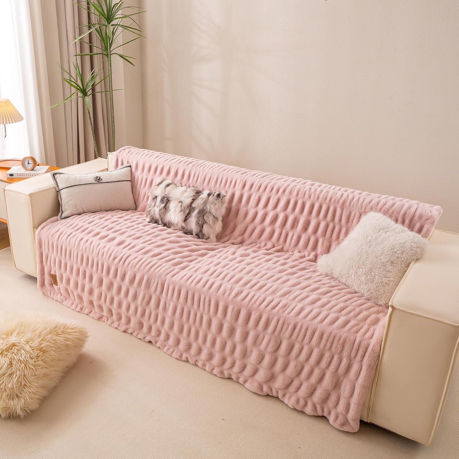 YUSOKI Luxury Double Side Faux Rabbit Fur Throw Blanket for Couch, Ultra Soft Fluffy Throw Gifts, Plush Thick Warm Luxury Decor Gifts for Home (Light Pink, Medium (50 X 60 Inches)) - Image 4