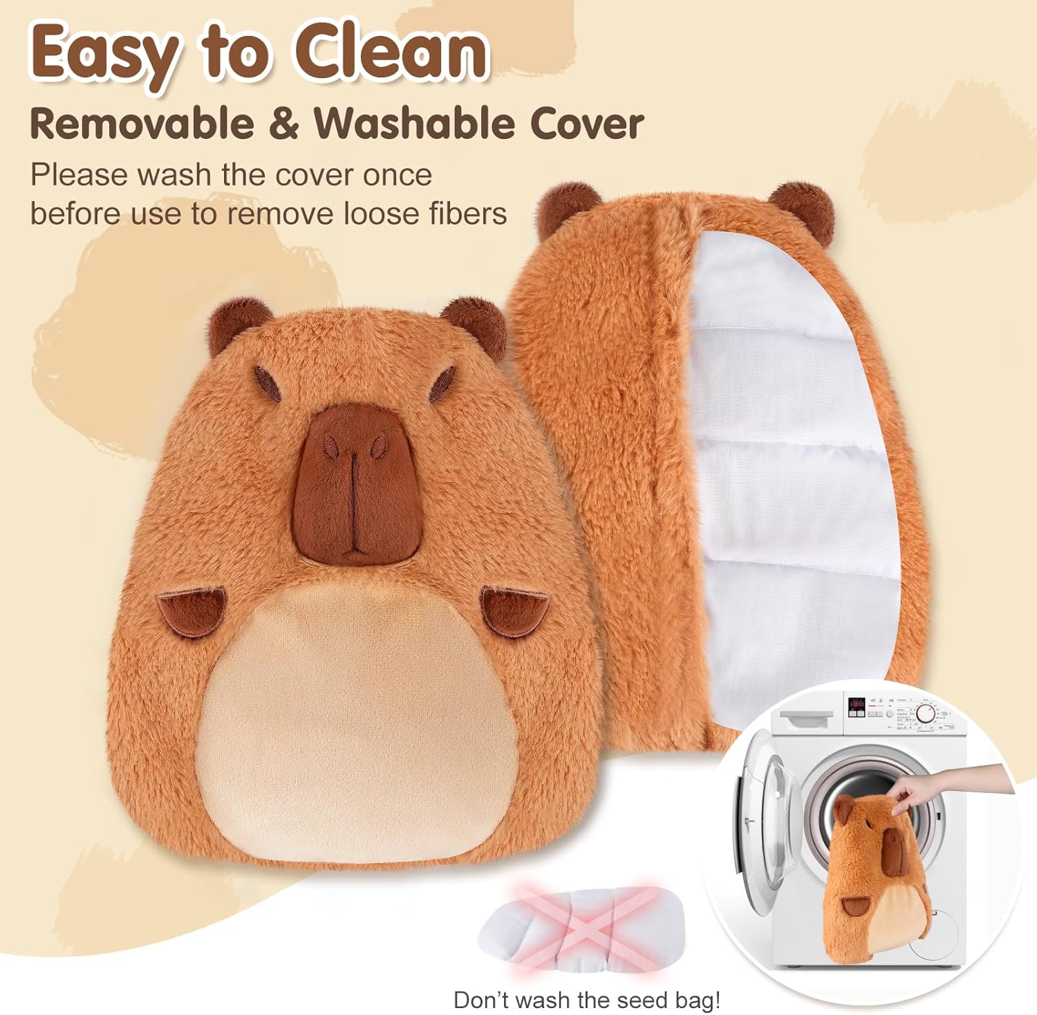 Capybara Microwavable Heating Pad for Belly, Neck & Shoulders, Heated Stuffed Animals with Moist Heat, Removable Plush Cover, Unscented Natural Fill, Adorable Surprise Present, 7.8" x 10.6", 1.2 lb - Image 4