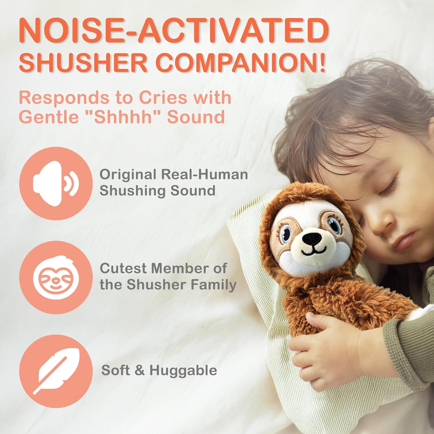 Baby Shusher Shusher Sloth - Soothing Baby Toy for Sleep, Cry Activated Baby Soother, Stuffed Animal for Babies & Kids, Hush White Noise Sounds, Crib Sound Machine for Toddlers - 1 Count - Image 2