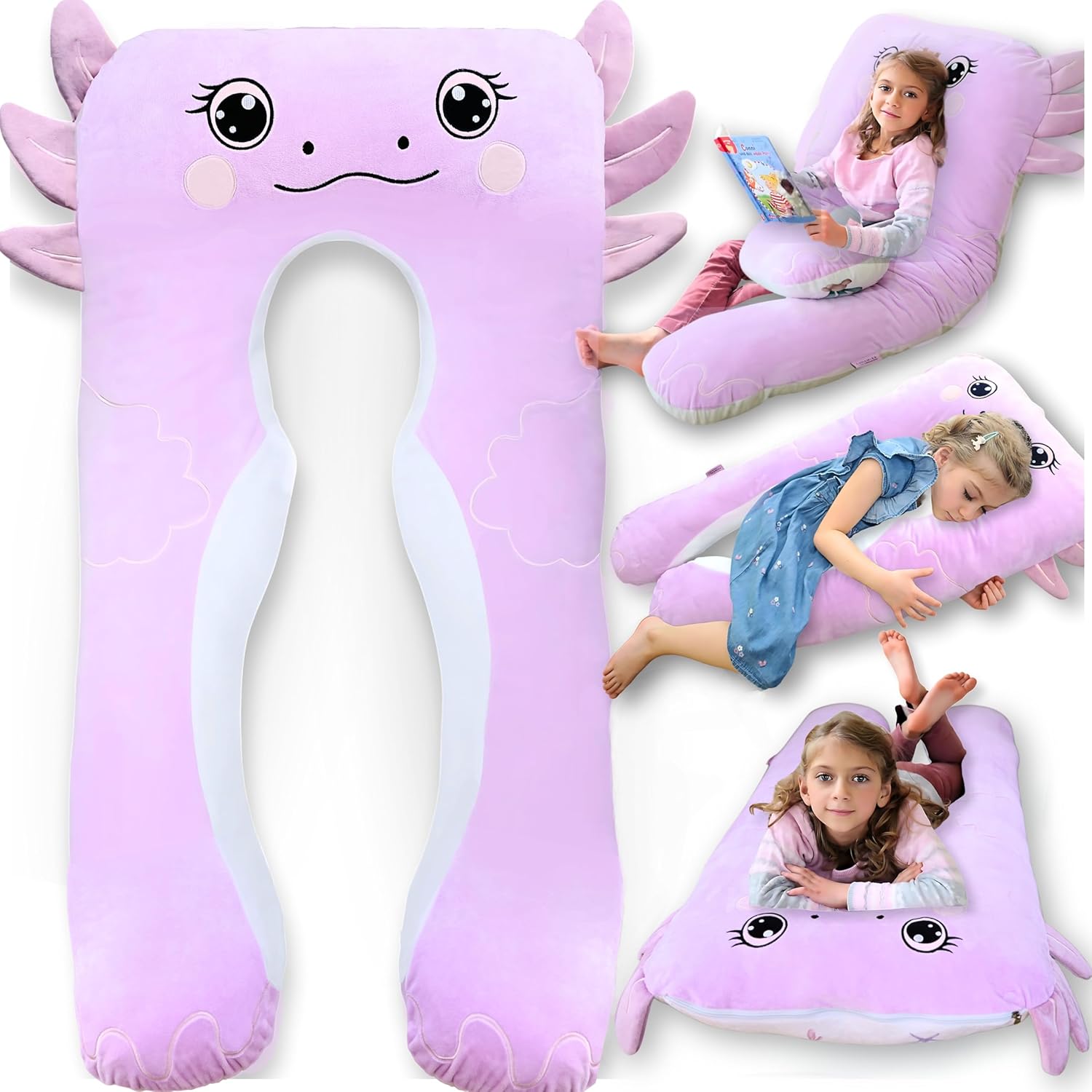 LUNAMIRA Axolotl Kids Body Pillow - 47" U-Shape Long Plush Soft Animal Pillow for Kids, Sleeping, Reading, ADHD & Special Needs Comfort, Anxiety, Washable Cover, Snuggle Fun Cuddle for Boys & Girls
