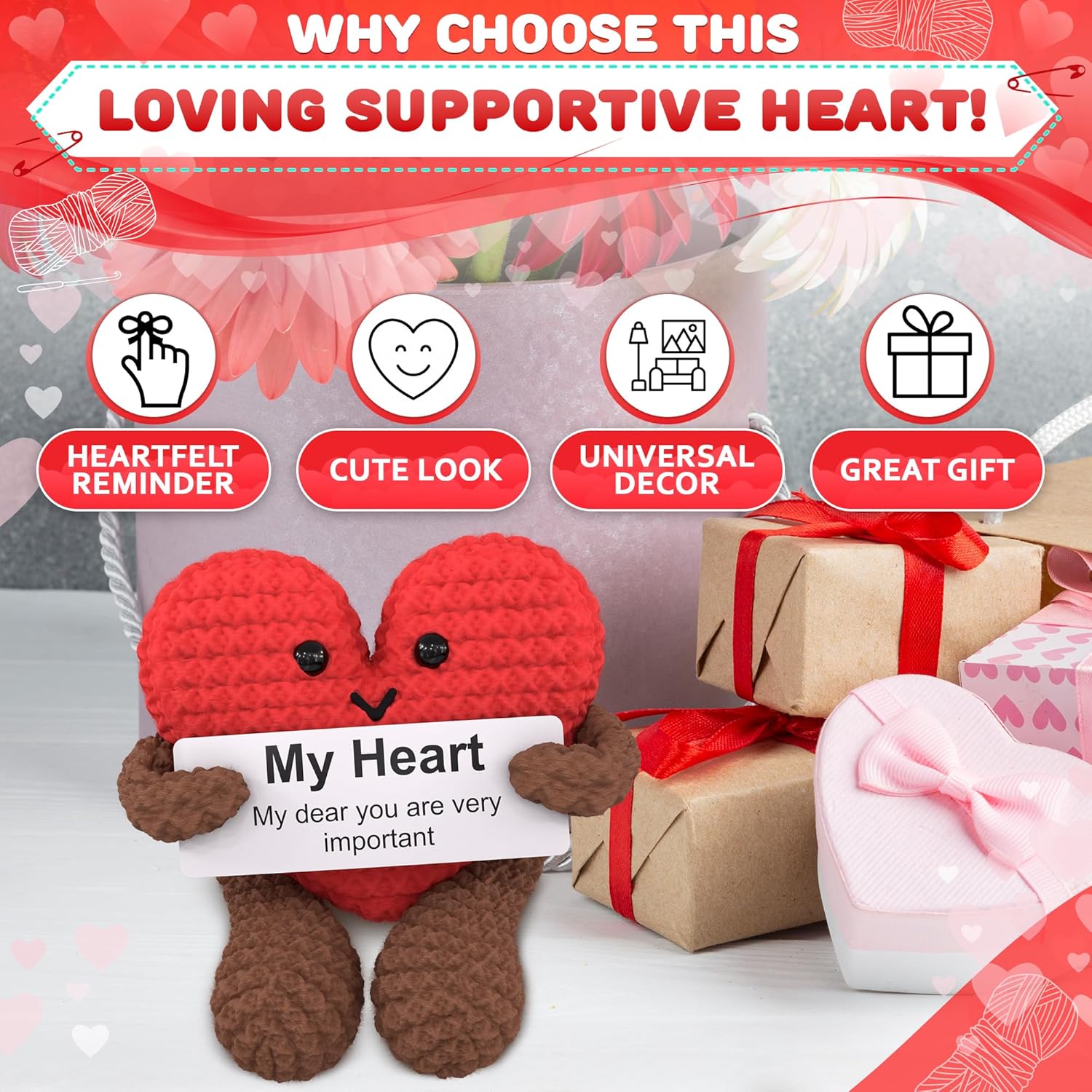Reluen Heart Plush Gift for Her, Him - Mom Day Gifts Crochet Plushies Stuffed Hearts for Wife | Crochet Heart Soft Knitted Encouragement Support Keepsake for Girlfriends, Mother, Wife - Image 4