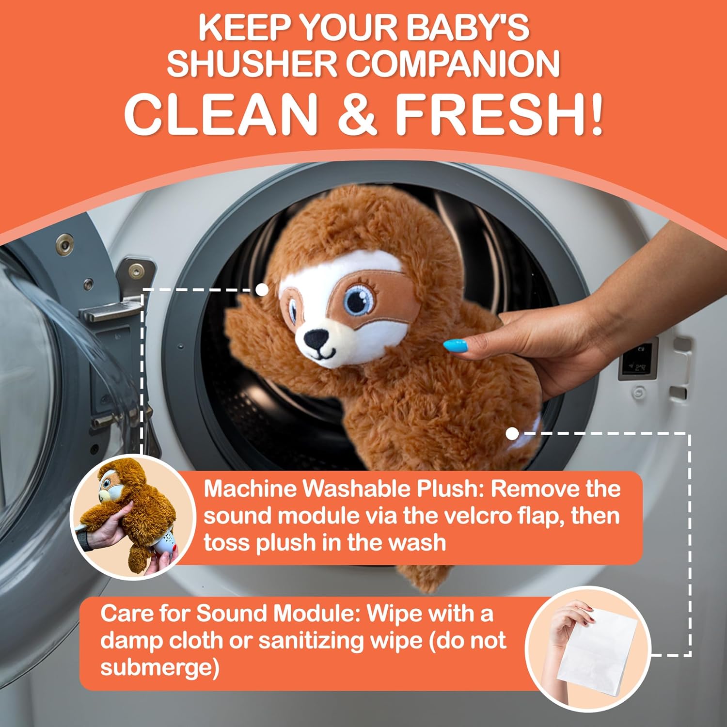 Baby Shusher Shusher Sloth - Soothing Baby Toy for Sleep, Cry Activated Baby Soother, Stuffed Animal for Babies & Kids, Hush White Noise Sounds, Crib Sound Machine for Toddlers - 1 Count - Image 6