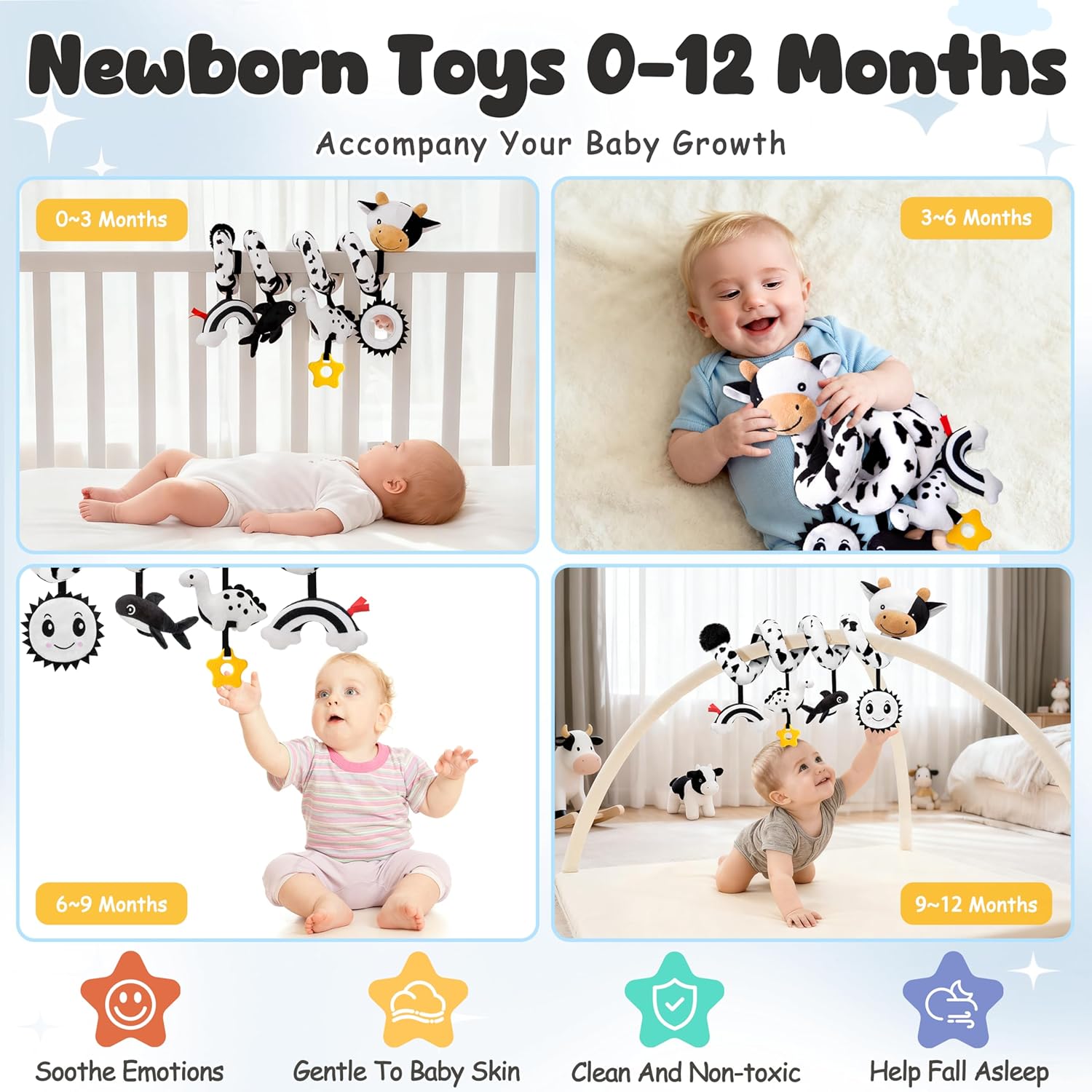 Spiral Car Seat Baby Toys 0-6 Months, Infant Carseat High Contrast Sensory Toys Hanging Stroller Accessories, Newborn Shower Gifts for Baby Boys Essentials Stuff, Cute Black and White Cow - Image 3