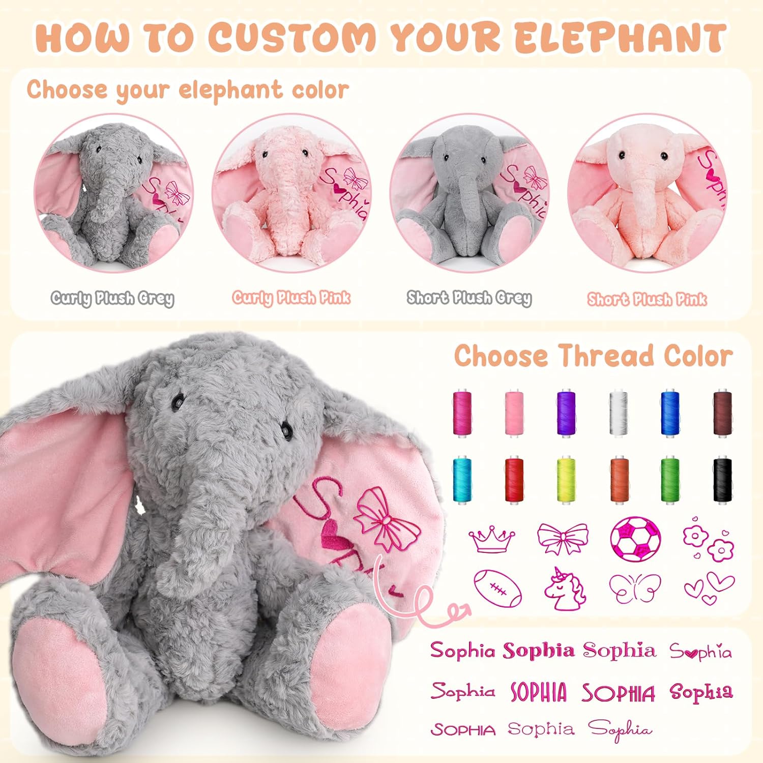 Personalized Elephant Stuffed Animals, Plush Elephant with Embroidered Name & Icon Stuffed Elephants Toys for Babies, Birthday Baby Shower Christmas Boy Girl Newborn Customized Keepsake Plush Gifts - Image 4