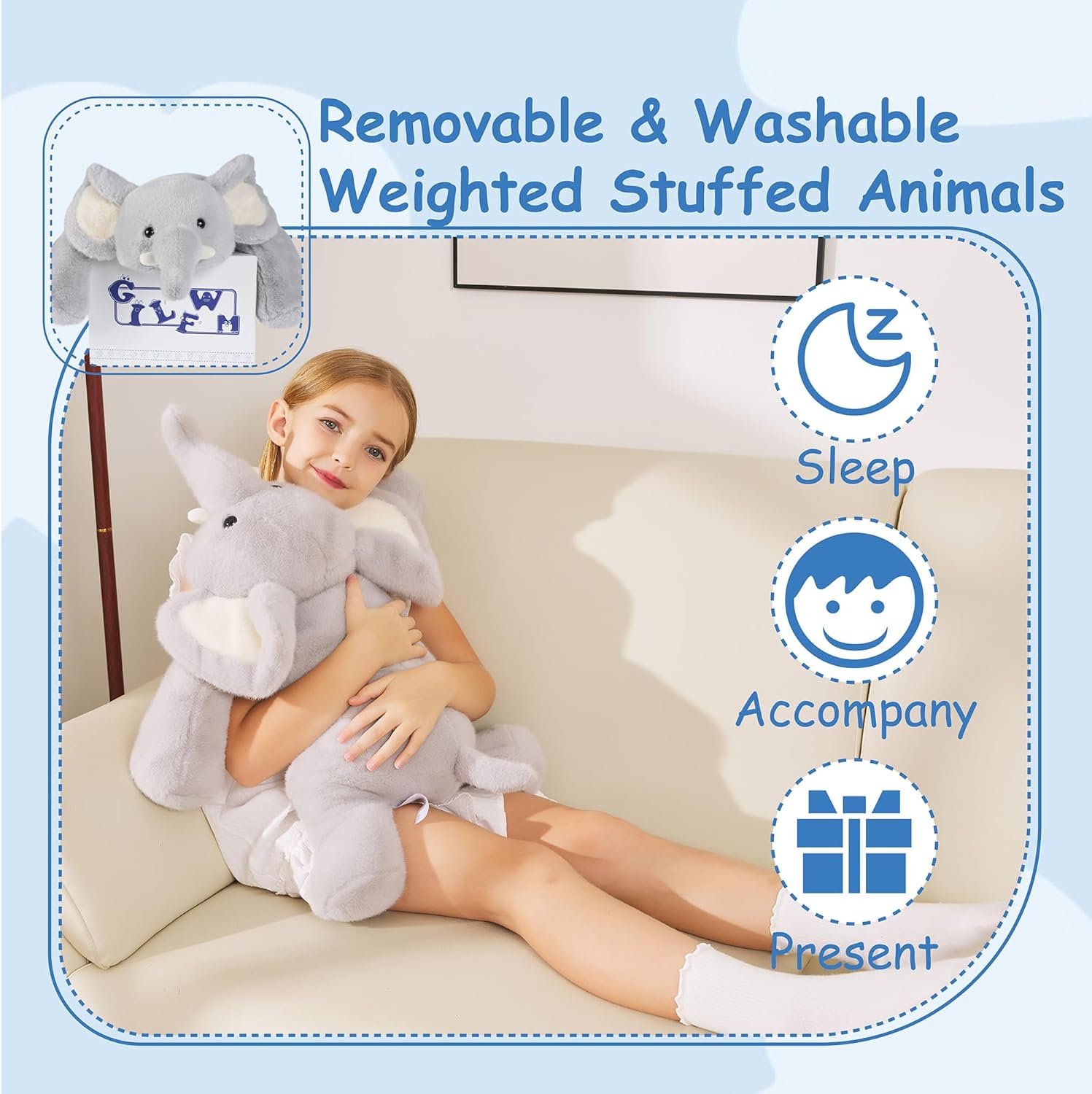 GILFWM Weighted Stuffed Animals Elephant - 25" Big Stuffed Animal Toy Pillow for Kids & Adults, 5 lbs Soft Washable Weighted Plush - Image 6