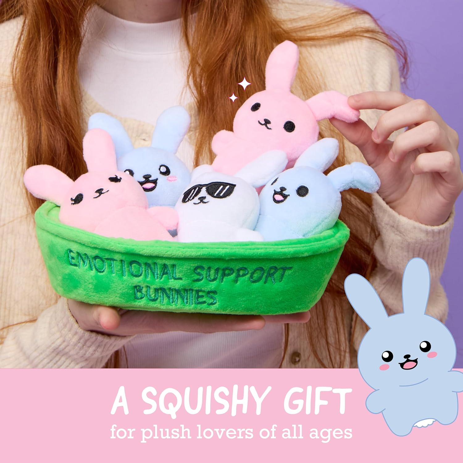 WHAT DO YOU MEME? Emotional Support Bunnies by Relatable, Cuddly Stuffed Animals and Toys, Squishy Toys and Plushies, Great Ideas for Loved Ones of All Ages, Includes 5 Plushies with Carrying Basket - Image 4