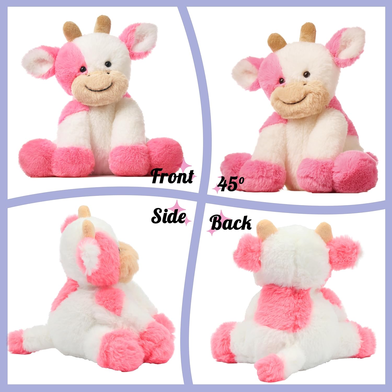 Hopearl Adorable Plush Cow Toy Floppy Dairy Cattle Soft Stuffed Animal Cute Birthday Gifts for Boys Girls Kids Toddlers, Strawberry Pink, 9'' - Image 6