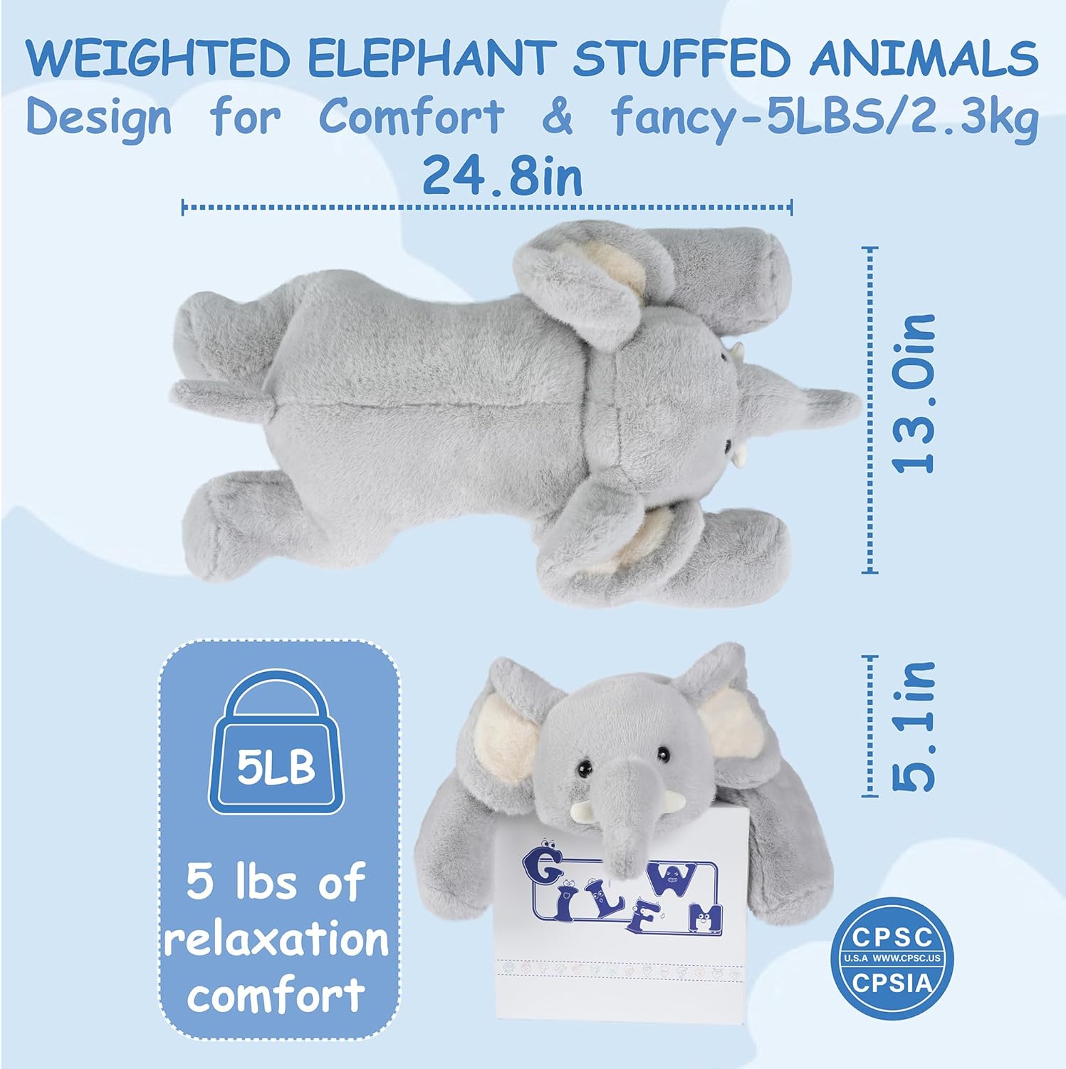 GILFWM Weighted Stuffed Animals Elephant - 25" Big Stuffed Animal Toy Pillow for Kids & Adults, 5 lbs Soft Washable Weighted Plush - Image 3