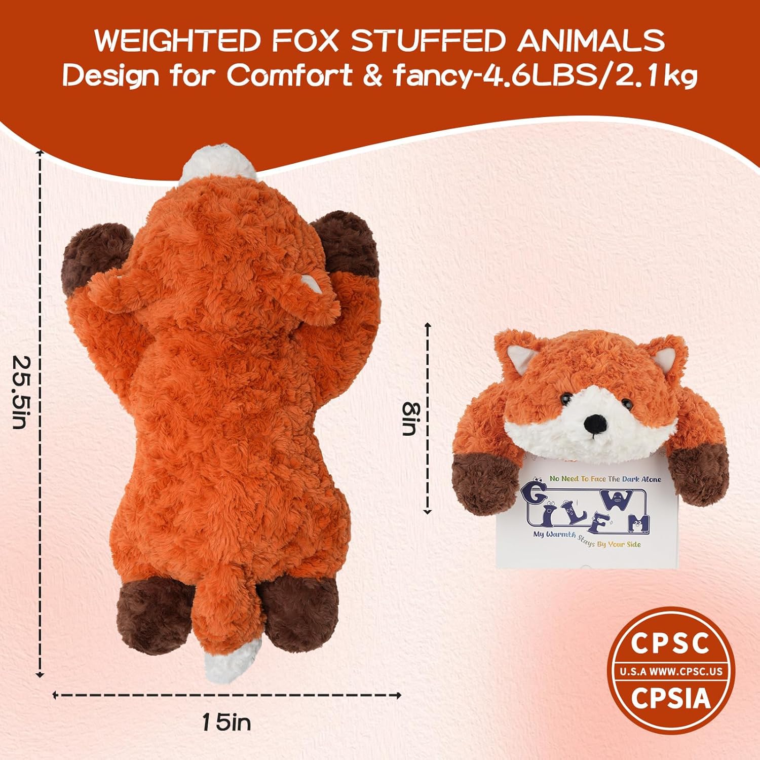 GILFWM 25" 5 Lbs Weighted Stuffed Animals Fox, Heatable and Coolable Weighted Plush with Microwavable Heating Pad,Removable Soft Washable Cute Plushie Pillow Toy Gifts for Adults and Kids - Image 2