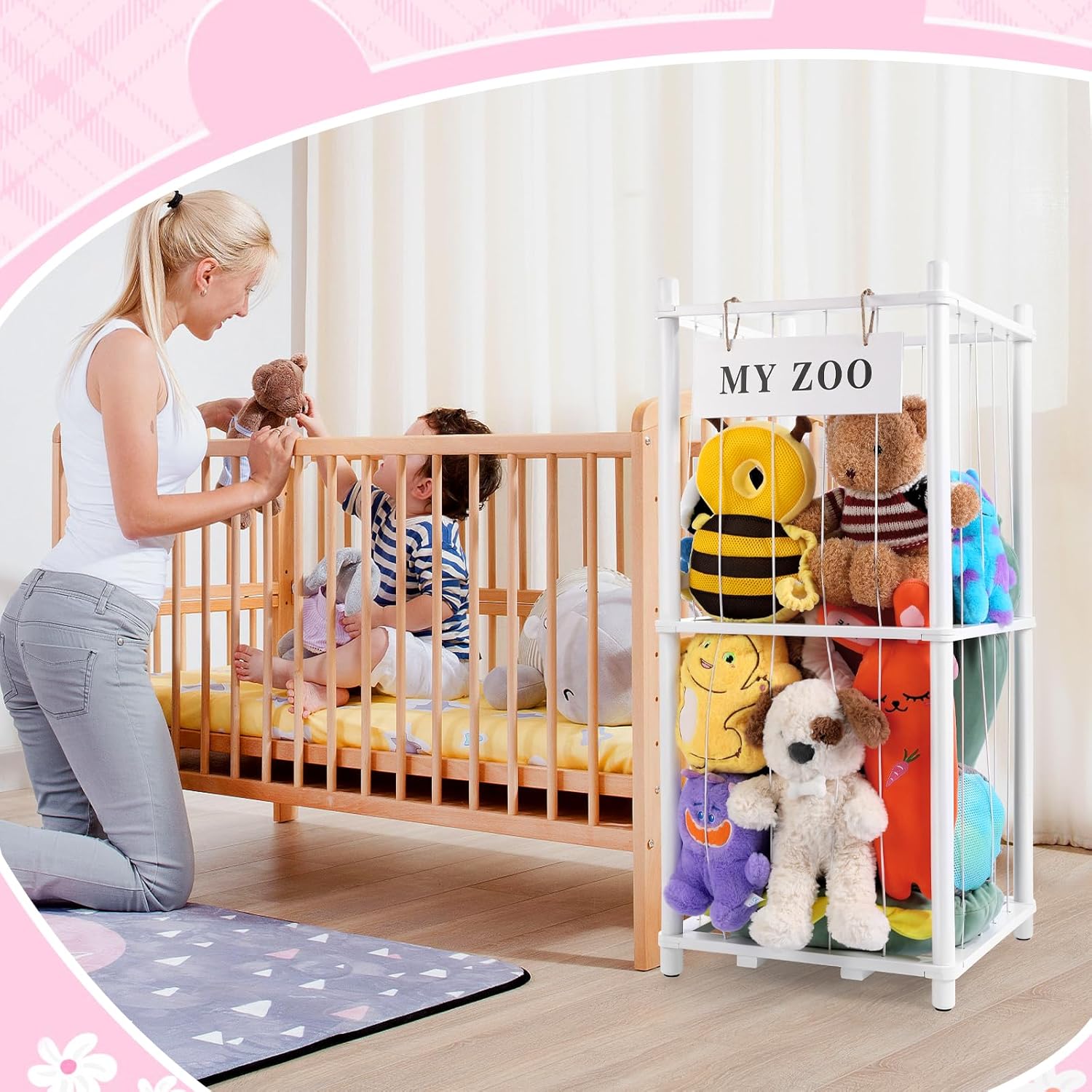 GLDZI Stuffed Animal Storage Zoo, Wooden Stuffed Animal Organizer with Elastic Cords for Boys Girls, Space Saving Toy Plushies Storage Holder for Playroom, Bedroom, Living Room (White, Small) - Image 8