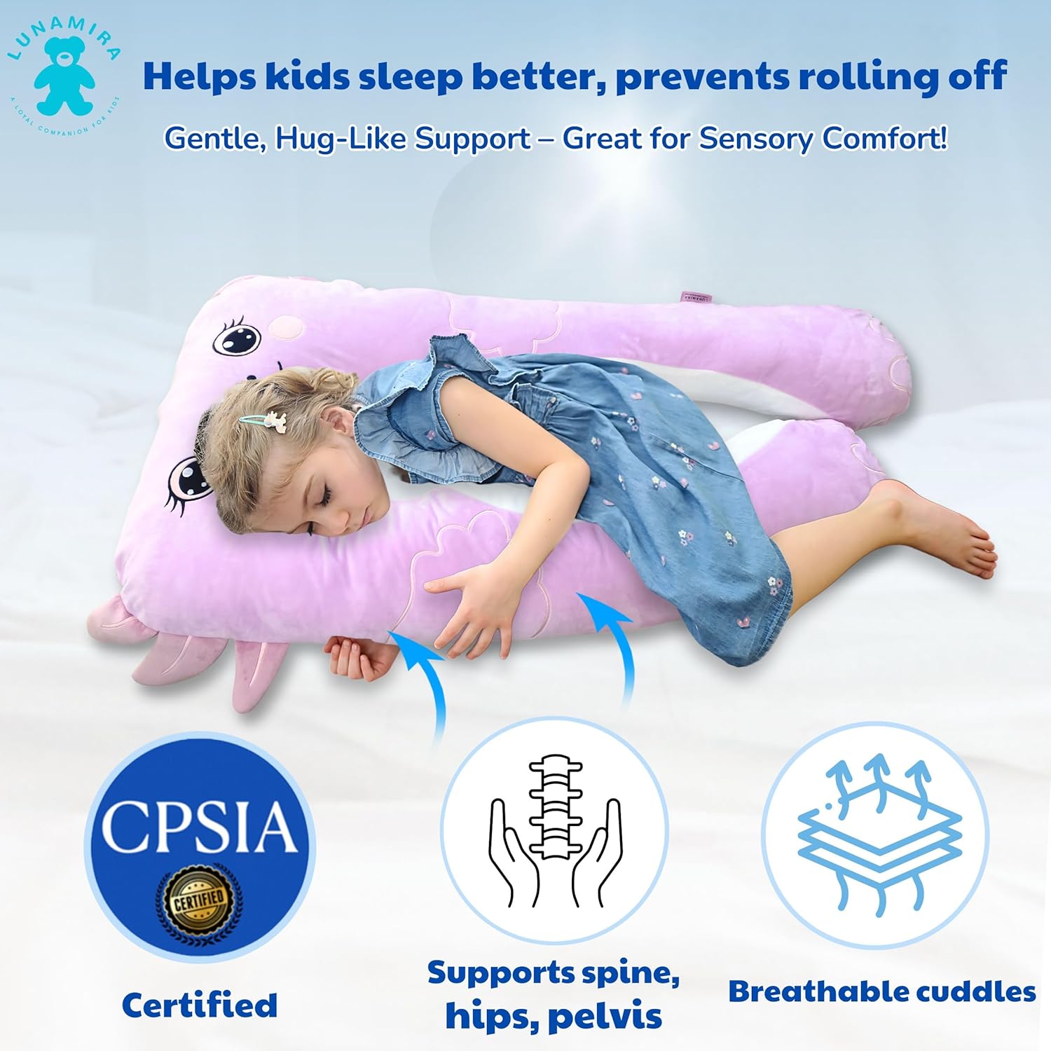 LUNAMIRA Axolotl Kids Body Pillow - 47" U-Shape Long Plush Soft Animal Pillow for Kids, Sleeping, Reading, ADHD & Special Needs Comfort, Anxiety, Washable Cover, Snuggle Fun Cuddle for Boys & Girls - Image 6