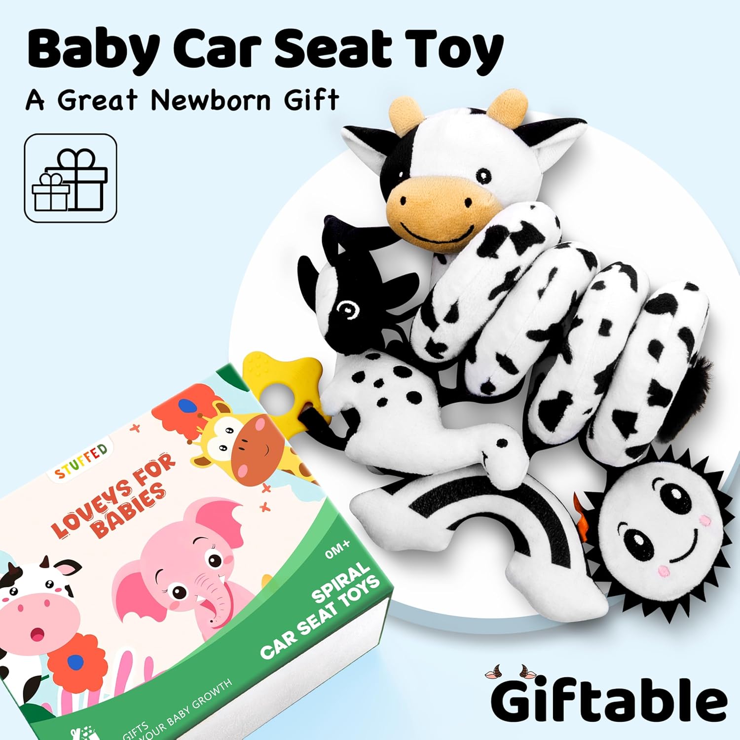 Spiral Car Seat Baby Toys 0-6 Months, Infant Carseat High Contrast Sensory Toys Hanging Stroller Accessories, Newborn Shower Gifts for Baby Boys Essentials Stuff, Cute Black and White Cow - Image 7