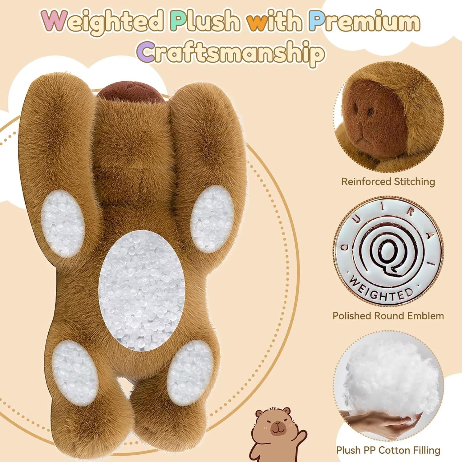 QUIRAI Capibara Plush Weighted Stuffed Animals, Weighted Capibara Stuffed Animal, Plush Pillow for Kids & Adults, Cute Capibaras Plush Toy, Birthday Gift for Relaxing, Bedtime, Comfort 24 Inch 3.3Lb - Image 4