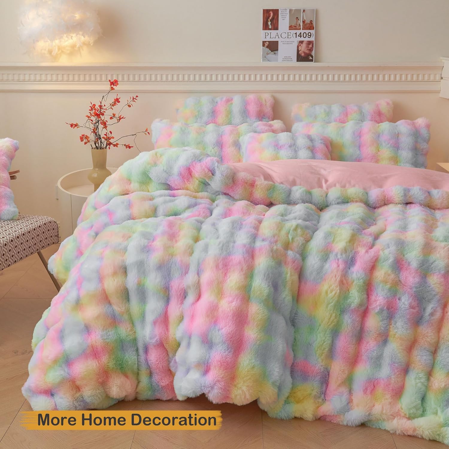 LIFEREVO 2 Pieces Fluffy Faux Rabbit Fur Pillow Cases, Luxury Soft Plush Shaggy Bubble Pillowcases Standard Size with Zipper, Furry Fuzzy Long Pillow Shams for Adult Girls Kids Teens 20x26, Rainbow - Image 7