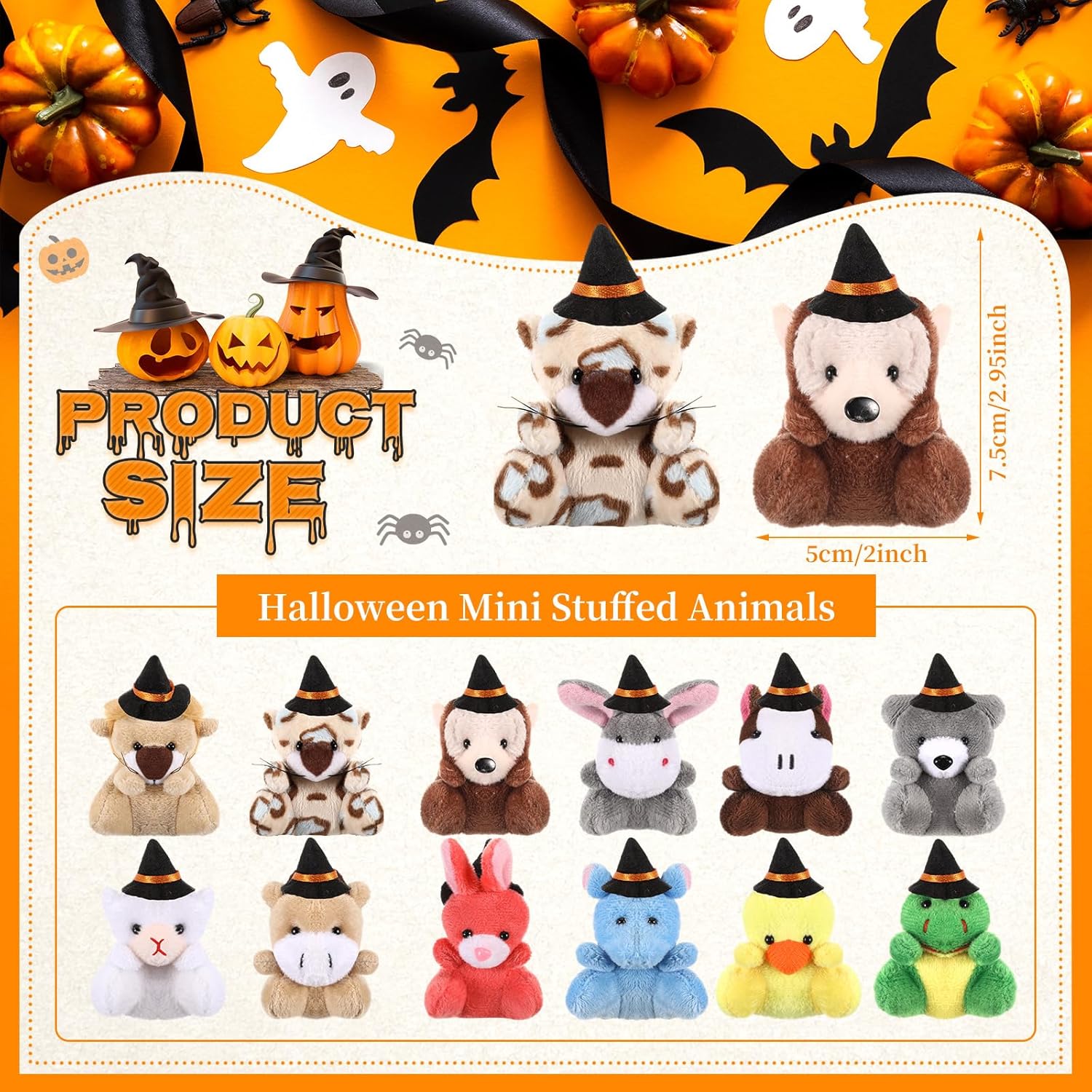 Blueweenly 24 Pcs Mini Halloween Plush Stuffed Animal Toy Small Stuffed Animal Set Gifts with Witch Hat Trick or Treat Plush Keychain Decorations for Exchange Gifts Party Favors Bag Fillers - Image 2
