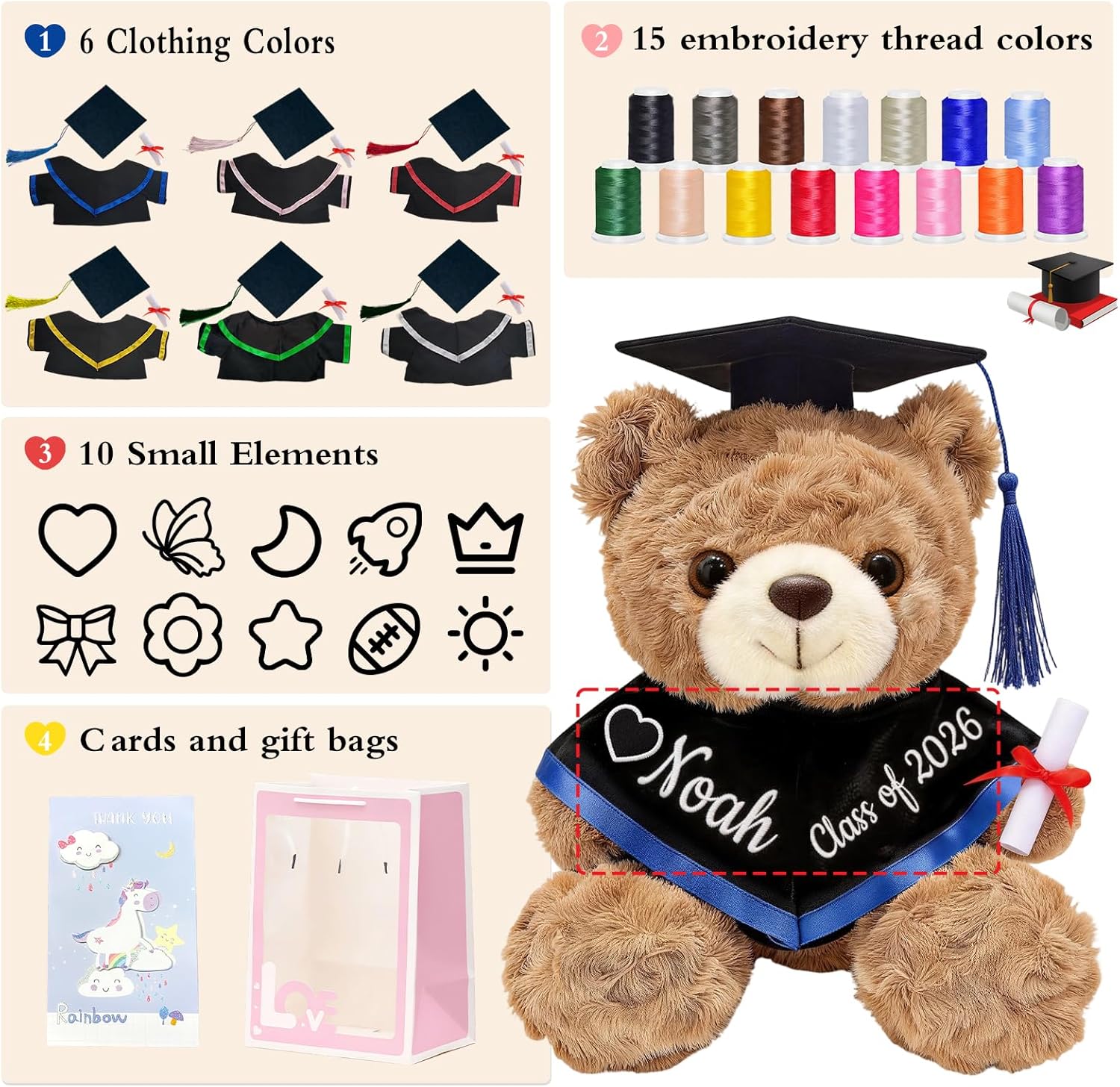 OELTTG 10'' Personalized Graduation Teddy Bear Gifts 2026 - Custom Name & Text, Graduation Gift for Her/Him, Kindergarten, High School & College Graduation Plush Bear with Cap & Diploma - Image 5