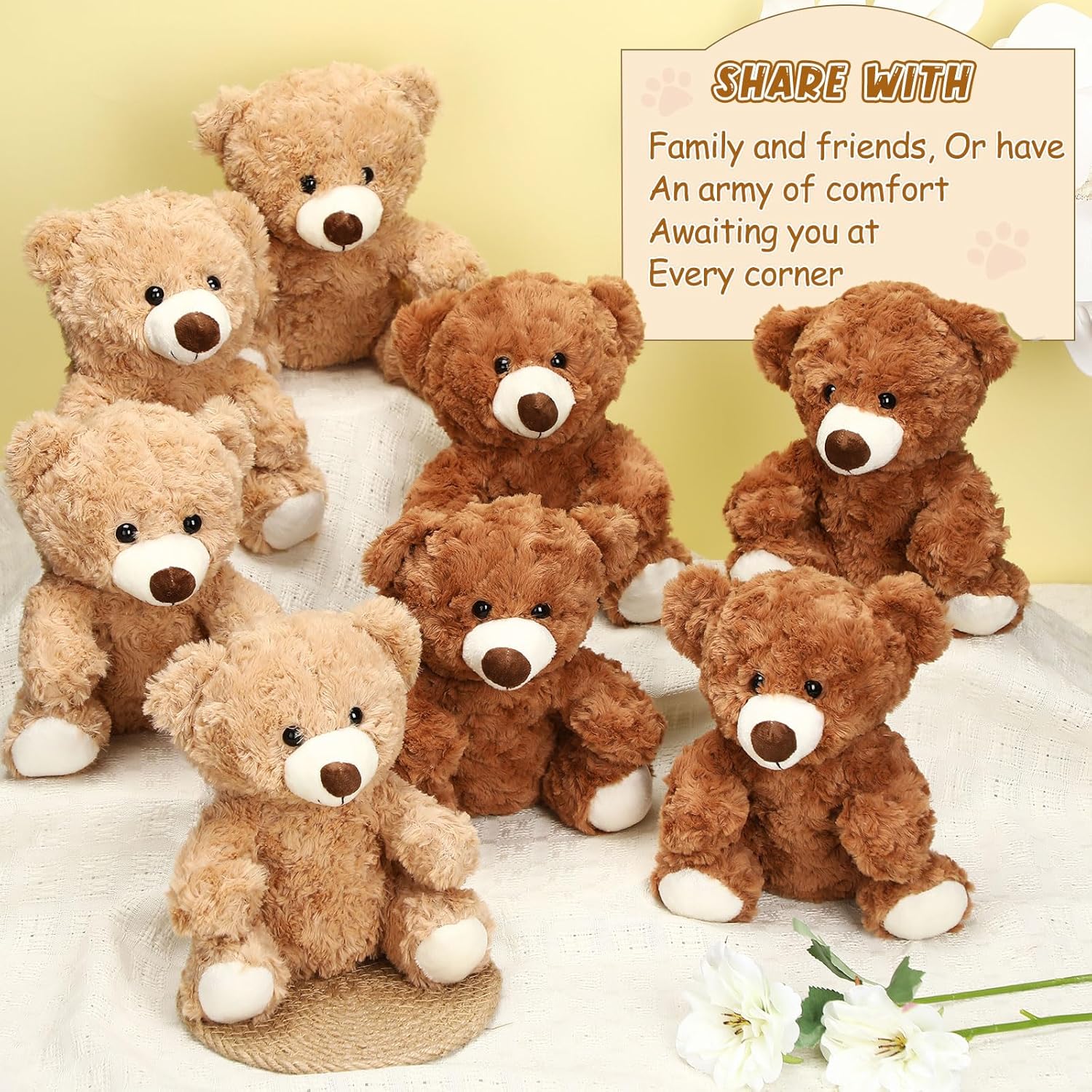 Jenaai 8 Pcs Bears Bulk 10'' Bear Stuffed Animal Baby Shower Decorations Small Stuffed Plush Toys Gifts for Girls Boys Kids Children School Classroom Adult Party Favor (Classic,Light Brown,Dark Brown) - Image 3