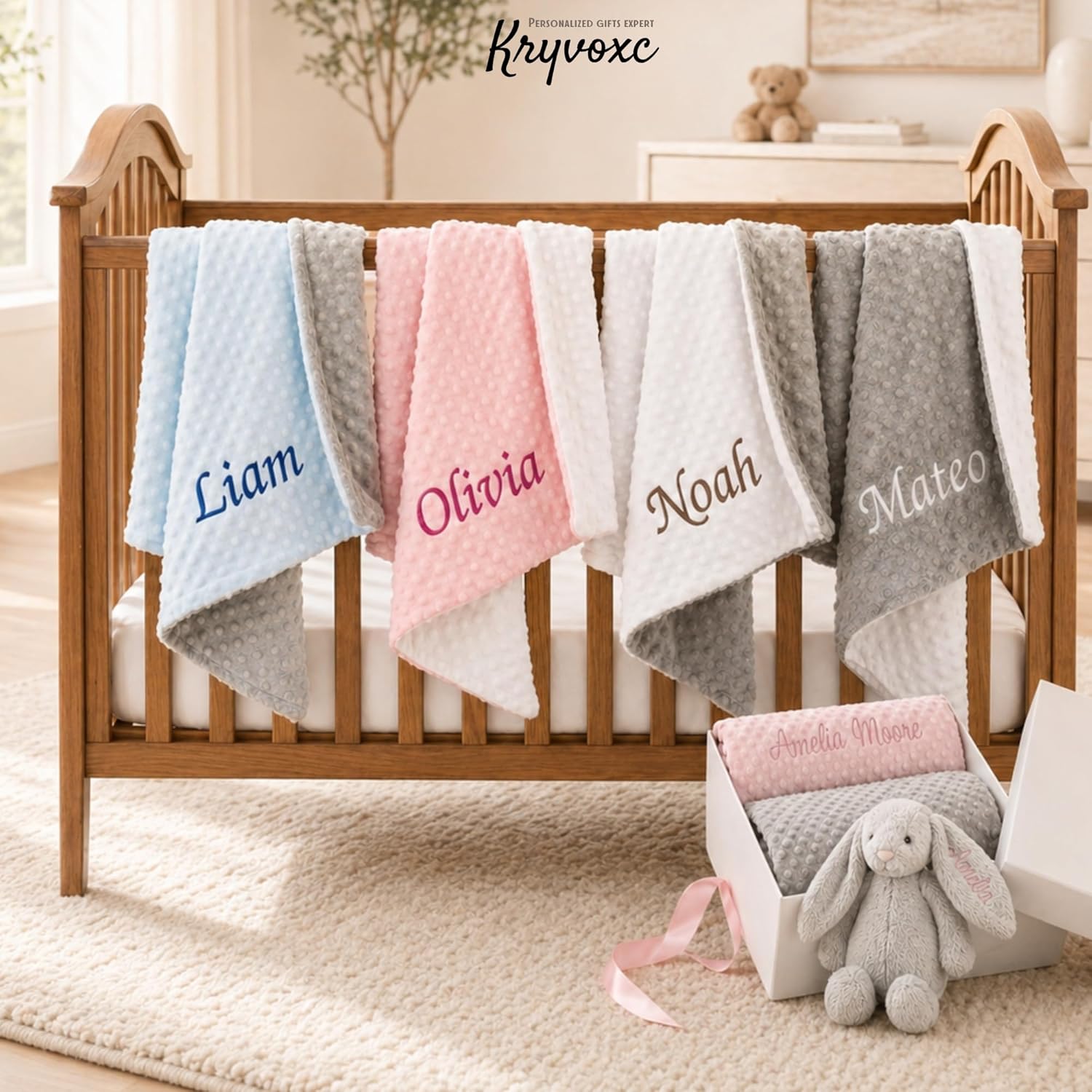 Personalized Baby Blanket and Plush Bunny Set, Custom Baby Blankets and Rabbit with Name, Personalized 2 in 1 Gift Set for Boy Girl Toddlers, Minky Dot Swaddle, Gift Set for Showering, Birthday - Image 6