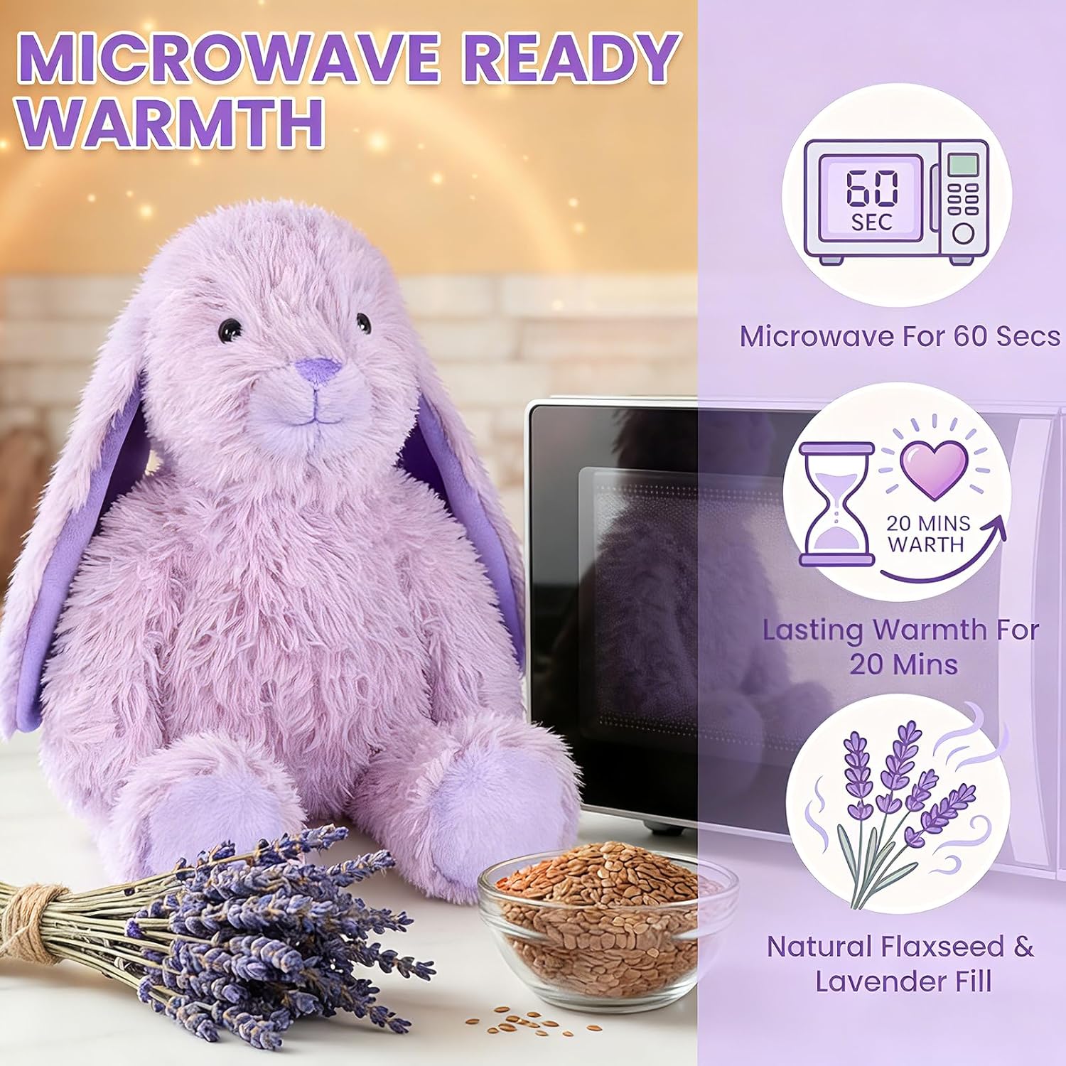 SuzziPals Heatable & Coolable Purple Bunny Stuffed Animal Heating Pad for Soothing & Relaxation, Lavender Purple Bunny Plush for Discomfort, Rabbit Stuffed Animals for Kids, Easter Bunny Plushies Gift - Image 2