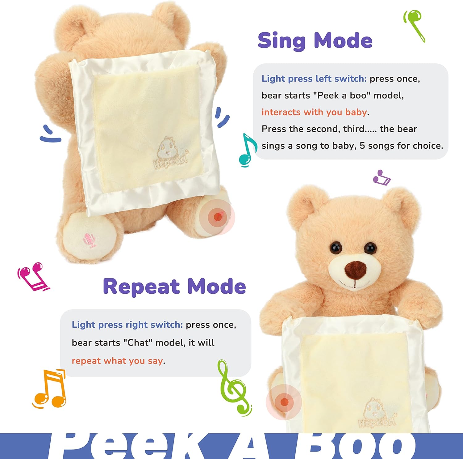 Hopearl Peek A Boo Bear with Security Blanket Interactive Repeats What You Say Plush Teddy Bear Toy Musical Singing Talking Stuffed Animal Adorable Electric Animate Birthday Festival, Beige, 11'' - Image 4