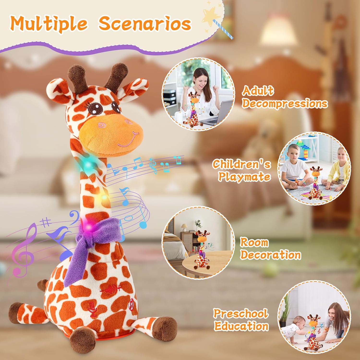 Dancing Talking Giraffe Plush Toy, Interactive Repeating Plush Toy that Mimics Your Words. Glowing Electric Giraffe Gifts with 10 Built-in Kids’ melodies, Ideal for Toddlers Aged 1-3. - Image 4