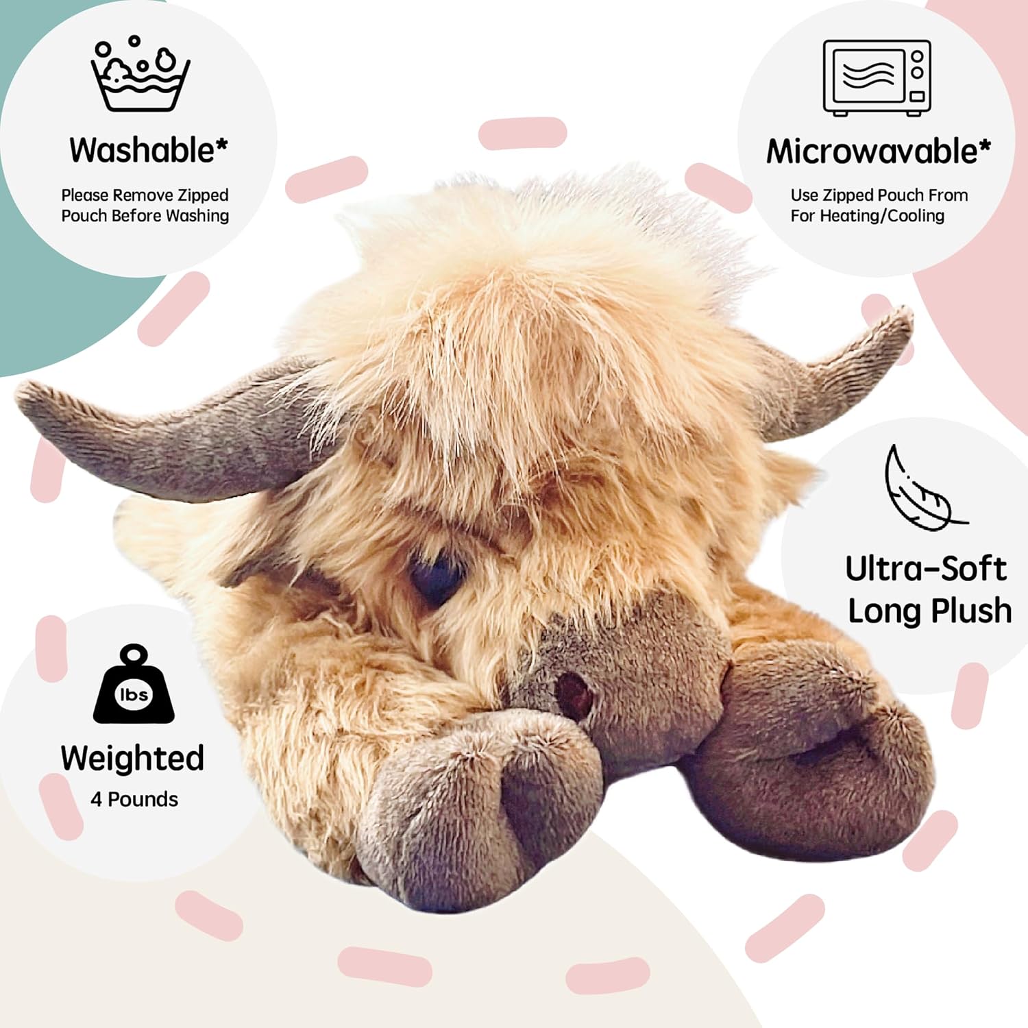uoozii 20" | 4 Pounds Highland Cow Weighted Stuffed Animals with Unscented Microwavable Heating Pad, Cute Coolable Heatable Weighted Plush Warm Gift for Kids & Adults - Image 3