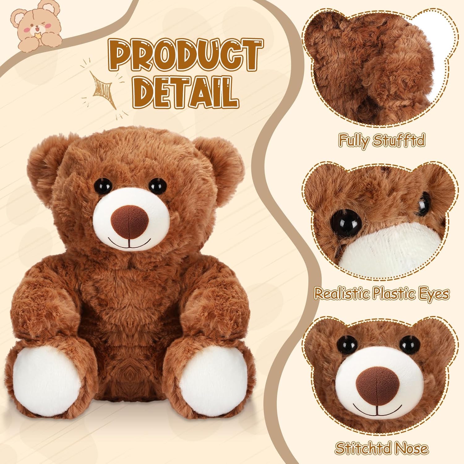 Jenaai 8 Pcs Bears Bulk 10'' Bear Stuffed Animal Baby Shower Decorations Small Stuffed Plush Toys Gifts for Girls Boys Kids Children School Classroom Adult Party Favor (Classic,Light Brown,Dark Brown) - Image 2