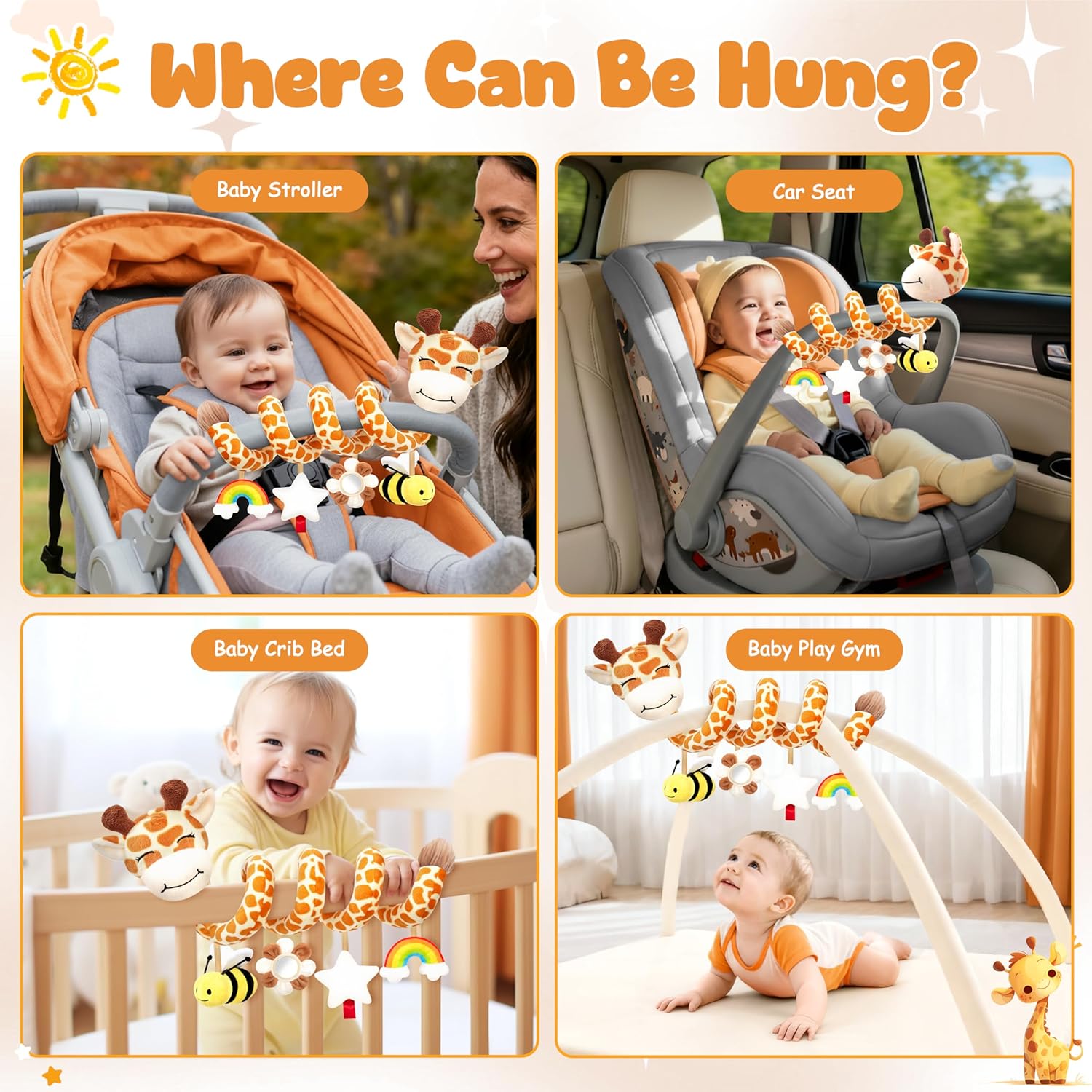 Stuffed Spiral Car Seat Baby Toys 6-12 Months, Infant Giraffe Sensory Toys Hanging Stroller Accessories, Newborn Shower Gifts for Baby Boys Girls Essentials | Cute Colorful Giraffe - Image 3