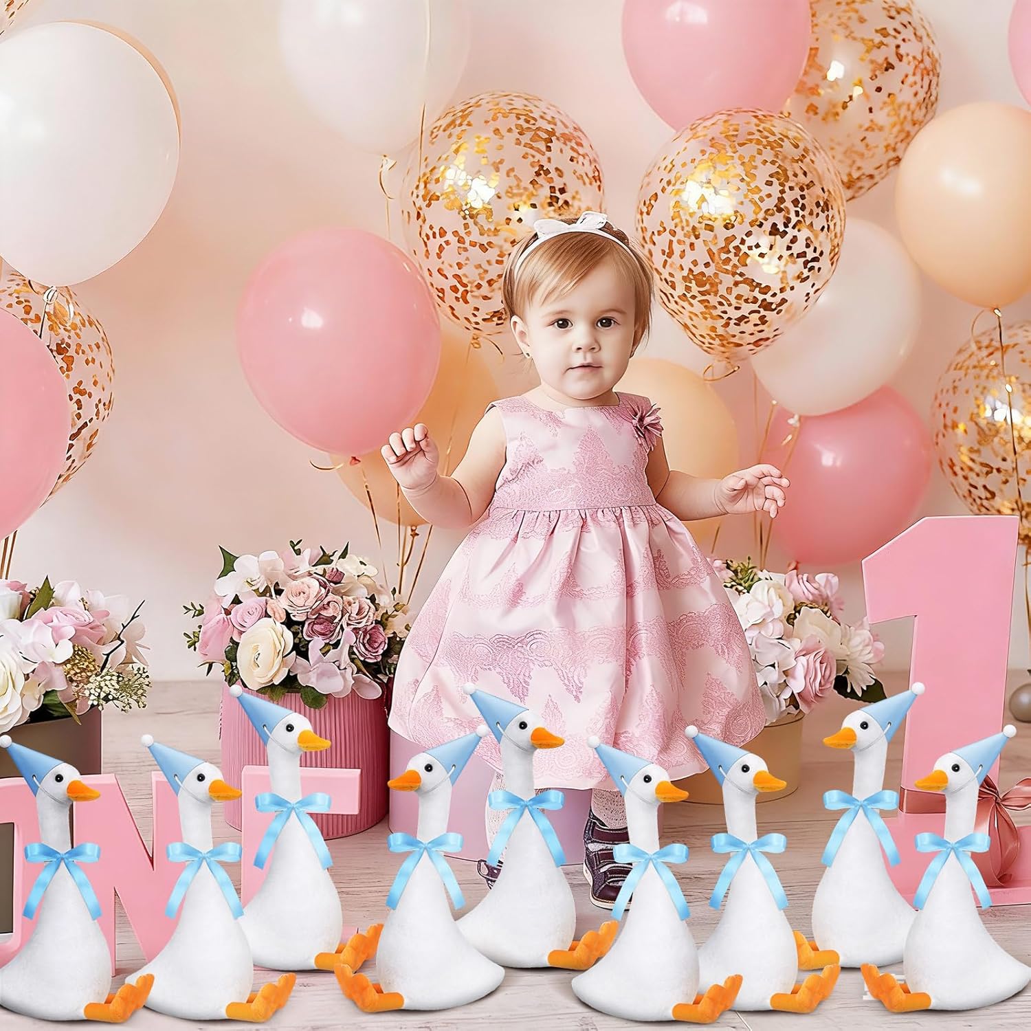 Blueweenly 12 Sets Silly Goose Birthday Decor 1st Adopt a Goose Party Favor Gift 7.1 Inch Stuffed Animal with Mini Party Hat and Ribbon for Christmas Birthday Gift(Cute,Blue) - Image 5