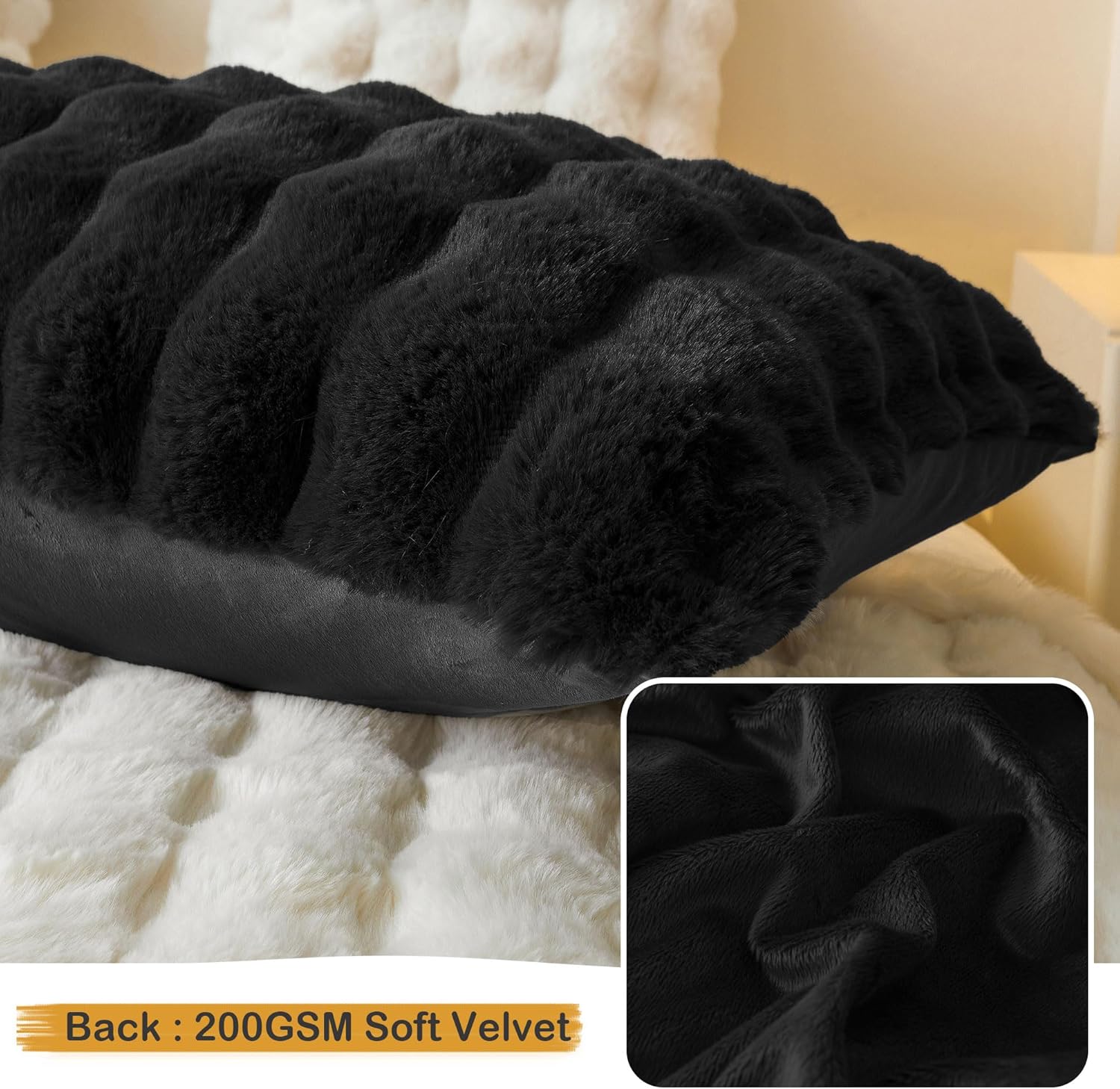 LIFEREVO 2 Pack Fluffy Faux Rabbit Fur Pillow Cases, Luxury Soft Plush Shaggy Bubble Pillowcases Standard Size with Zipper Closure, Furry Fuzzy Long Pillow Shams for Bedroom Living Room 20x26, Black - Image 5
