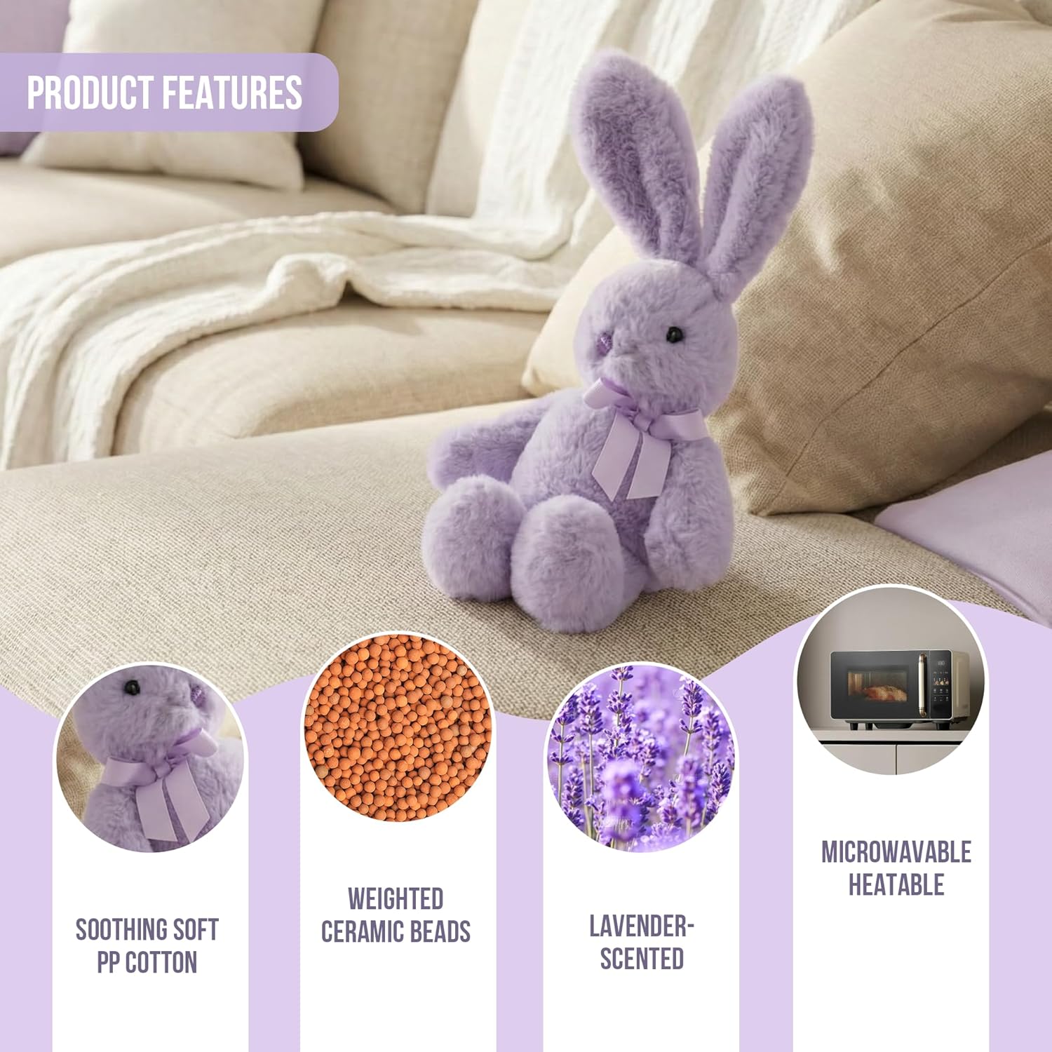Microwaveable Lavender Bunny Plush, Heated & Lightly Weighted Stuffed Animal Plush Toy, Faux Rabbit Fur, Scented Buddy for Soothing Relaxation, Hand Warmer Gift for Adults 18+, Purple 7 Inch - Image 2