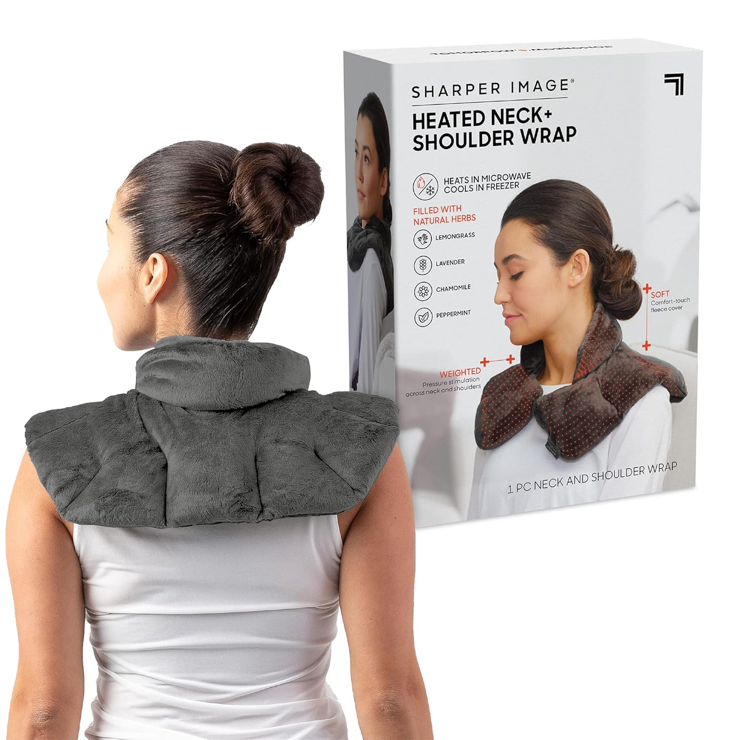 Sharper Image Heated Neck & Shoulder Wrap - Microwavable Warm & Cooling Plush Pad, Scented Aromatherapy (100% Natural Lavender & Herb Spa Blend), Pain Tension Headache Relief Therapy, Gift for Women