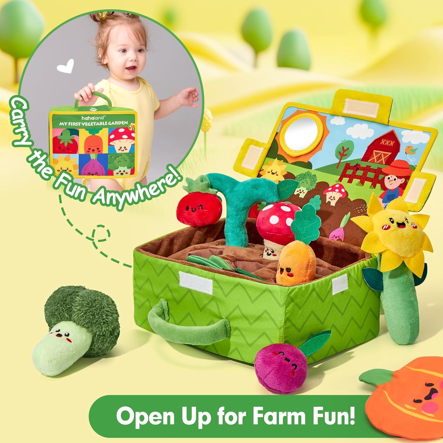 hahaland Baby Toys 6-12 Months - Fruits Vegetables Garden Plant Plush - 6 Month Old Toys Montessori Sensory Toy Carrot Flower with Rattles Mirror Squeaker Textures Crinkle Tissues, Baby Gifts 9 Month - Image 5