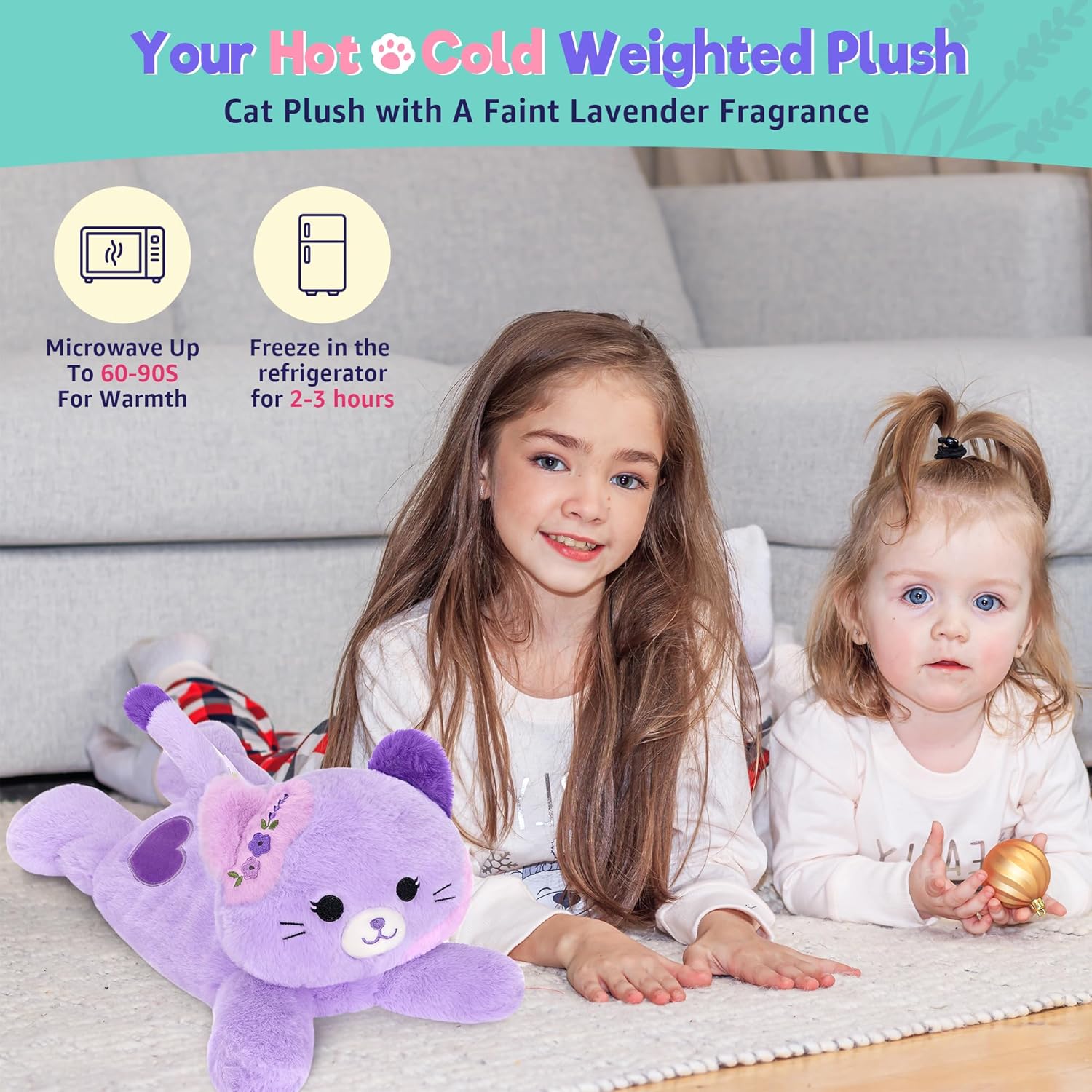 Onsoyours Original Heatable & Weighted Cat Stuffed Animals, Microwavable Purple Lavender Scented Kitten Plushie for Warmth & Comfort - Cute Plush Toys for Kids and Adults - Image 4